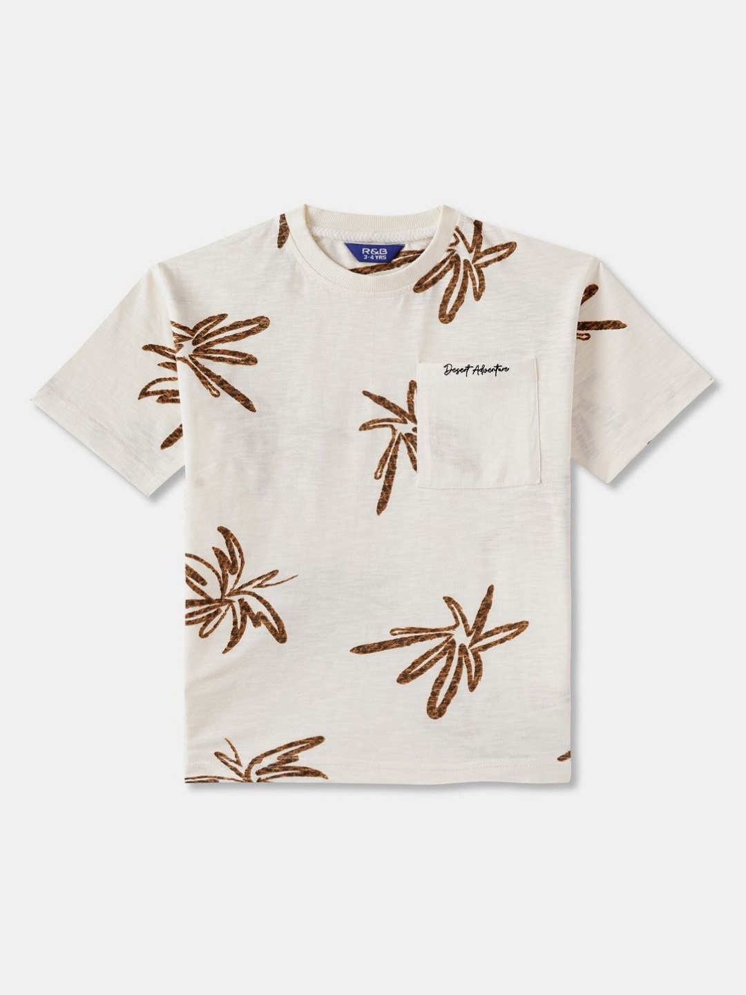 

R&B Boys Floral Printed Round Neck Cotton T-shirt, Beige
