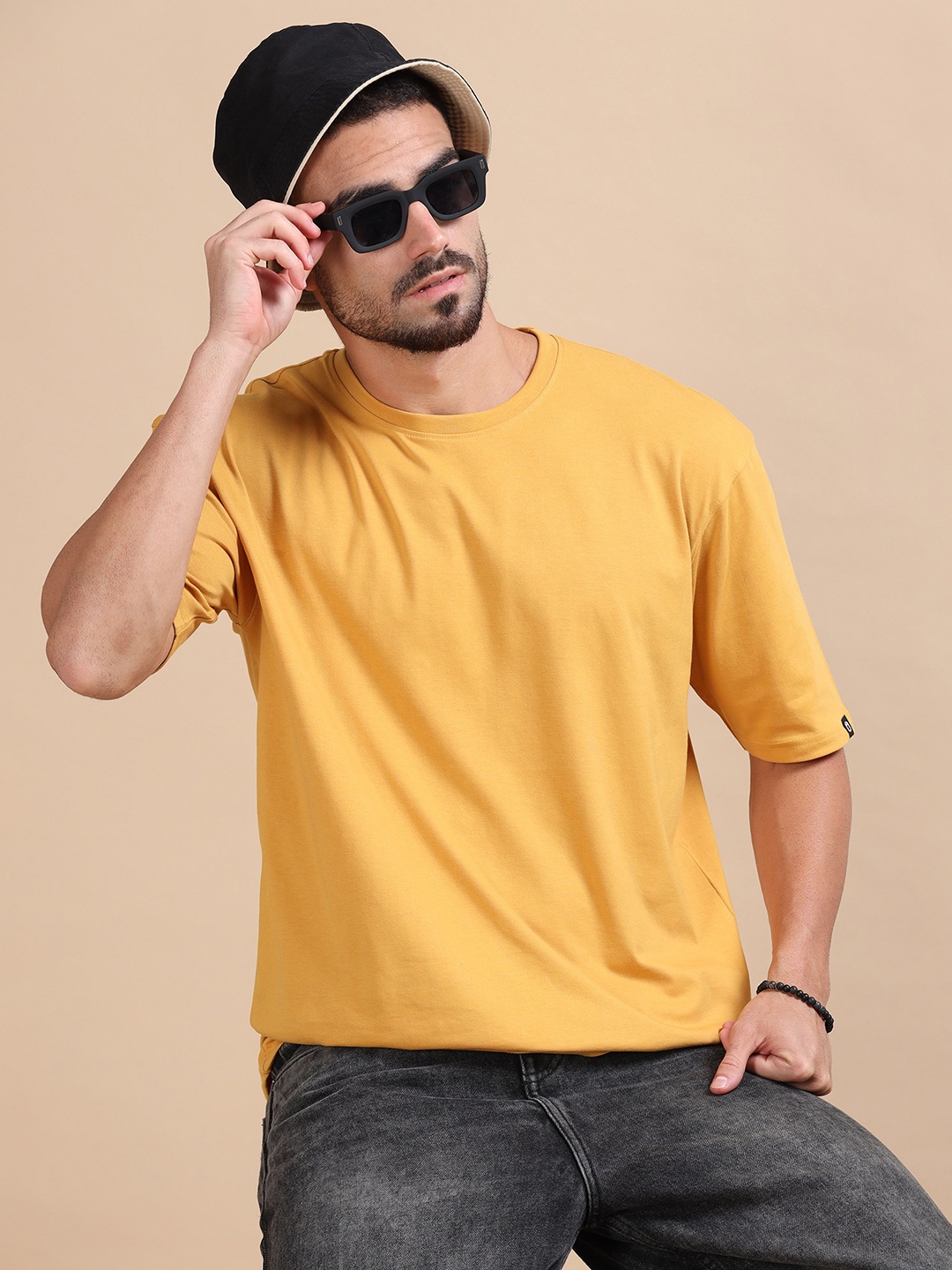 

Bushirt Men Oversized Solid Cotton T-Shirt, Mustard