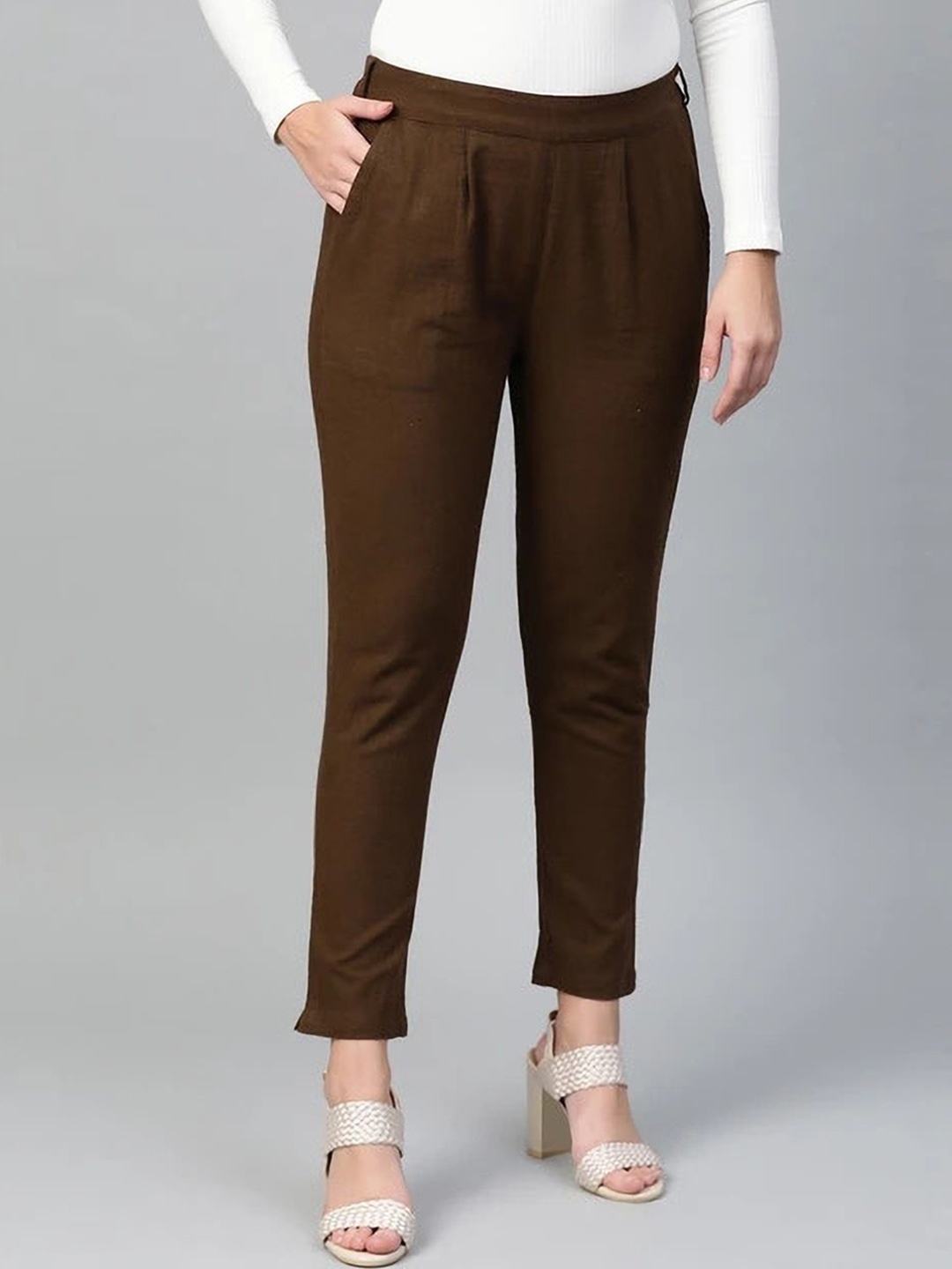 

KASHISHIYA Women Relaxed Fit Mid-Rise Trousers, Brown