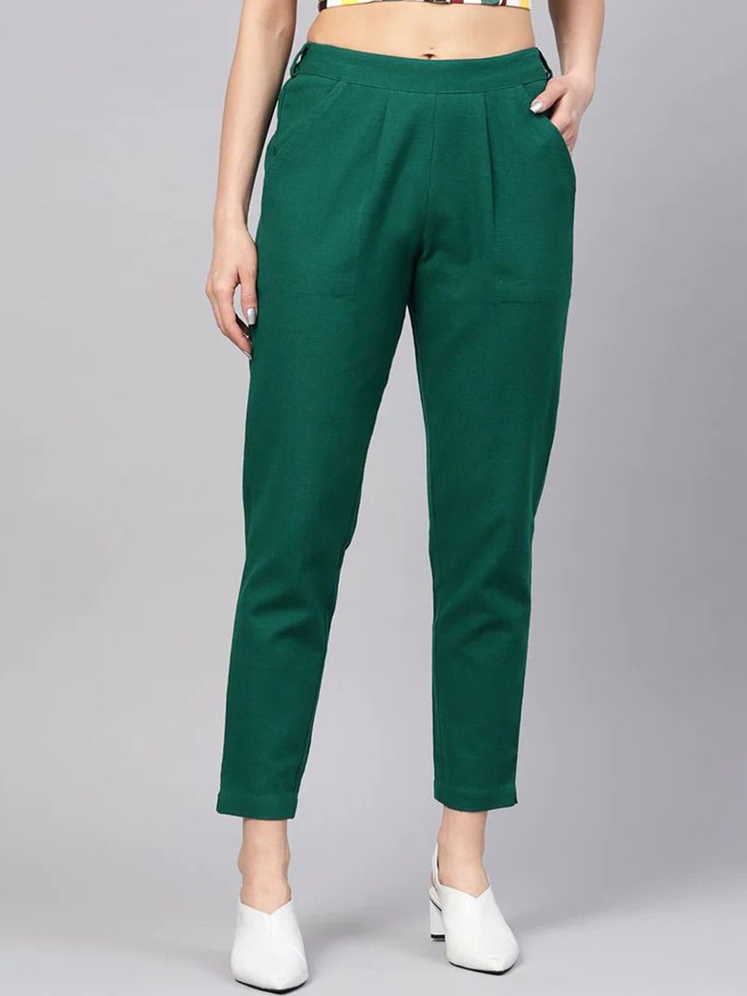 

KASHISHIYA Women Cotton High-Rise Regular Fit Trousers, Green