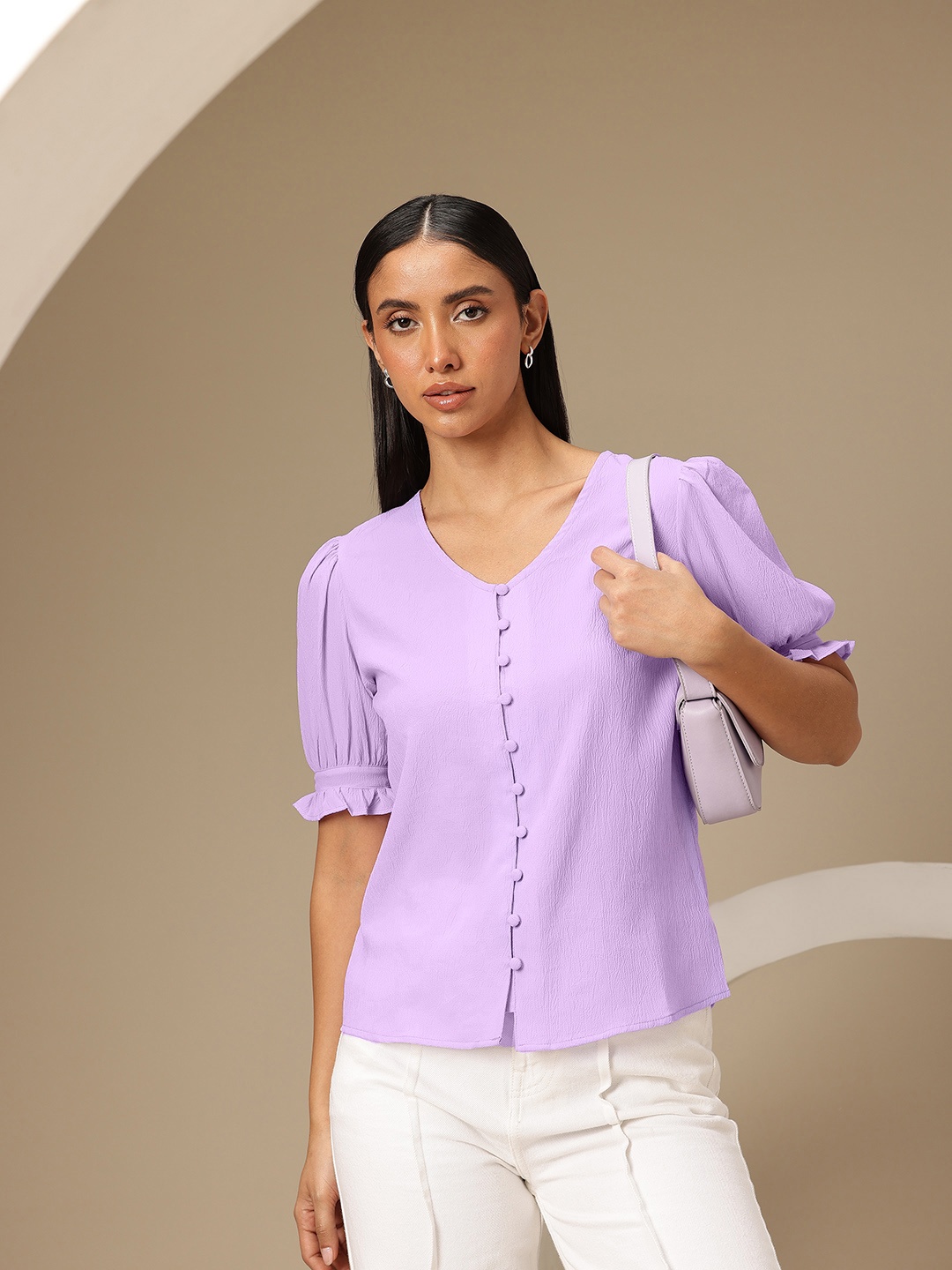 

Chemistry Puff Sleeve Ruffles Crepe Shirt Style Top, Lavender