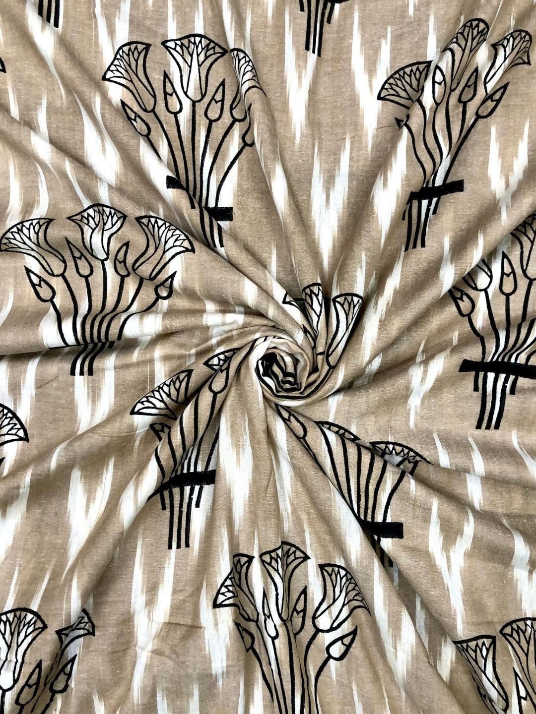 

PALASH Floral Ikat Printed Pure Cotton Unstitched Dress Material, Beige
