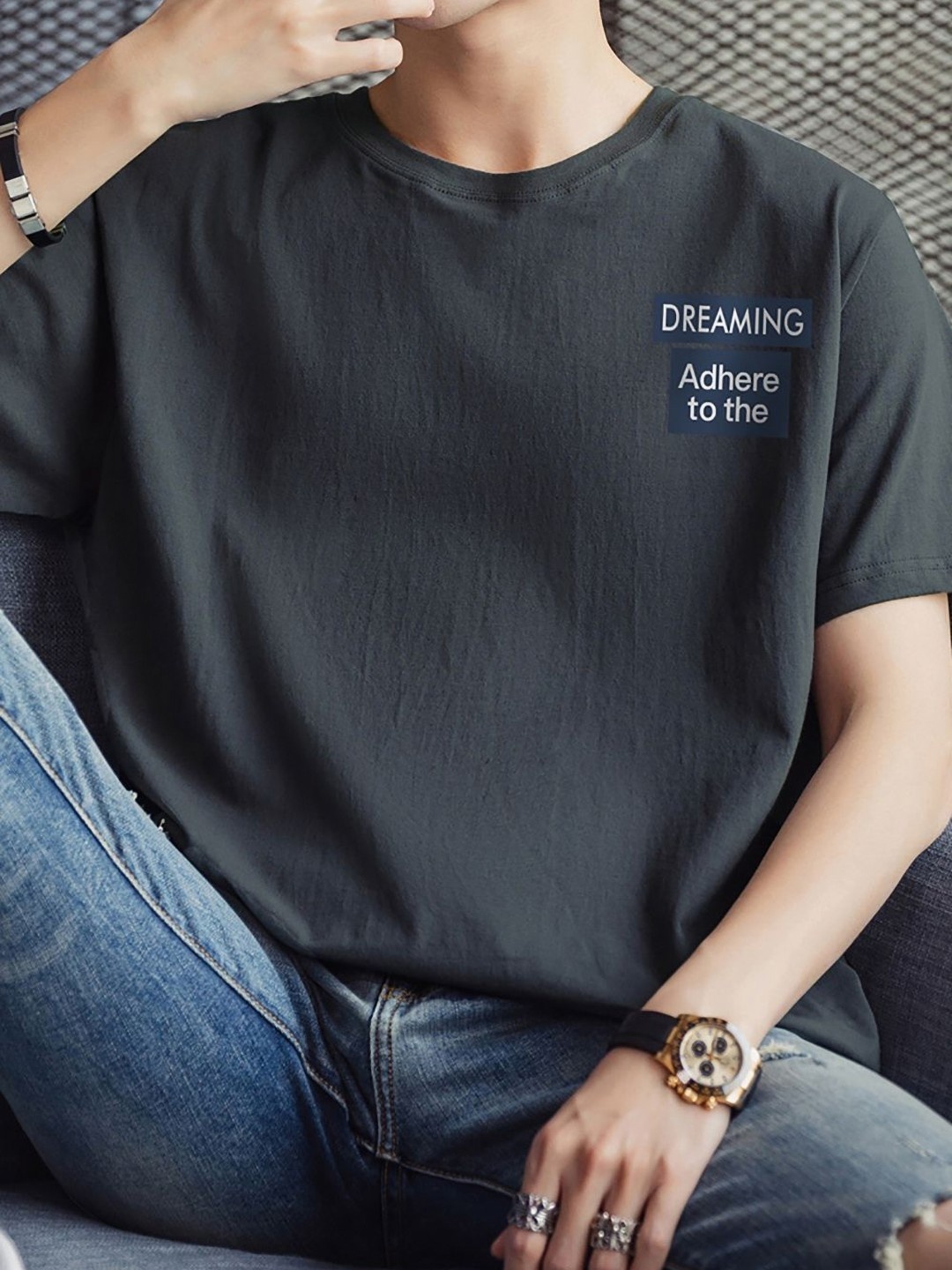 StyleCast x Revolte Men Typography Printed Round Neck T-shirt, Charcoal