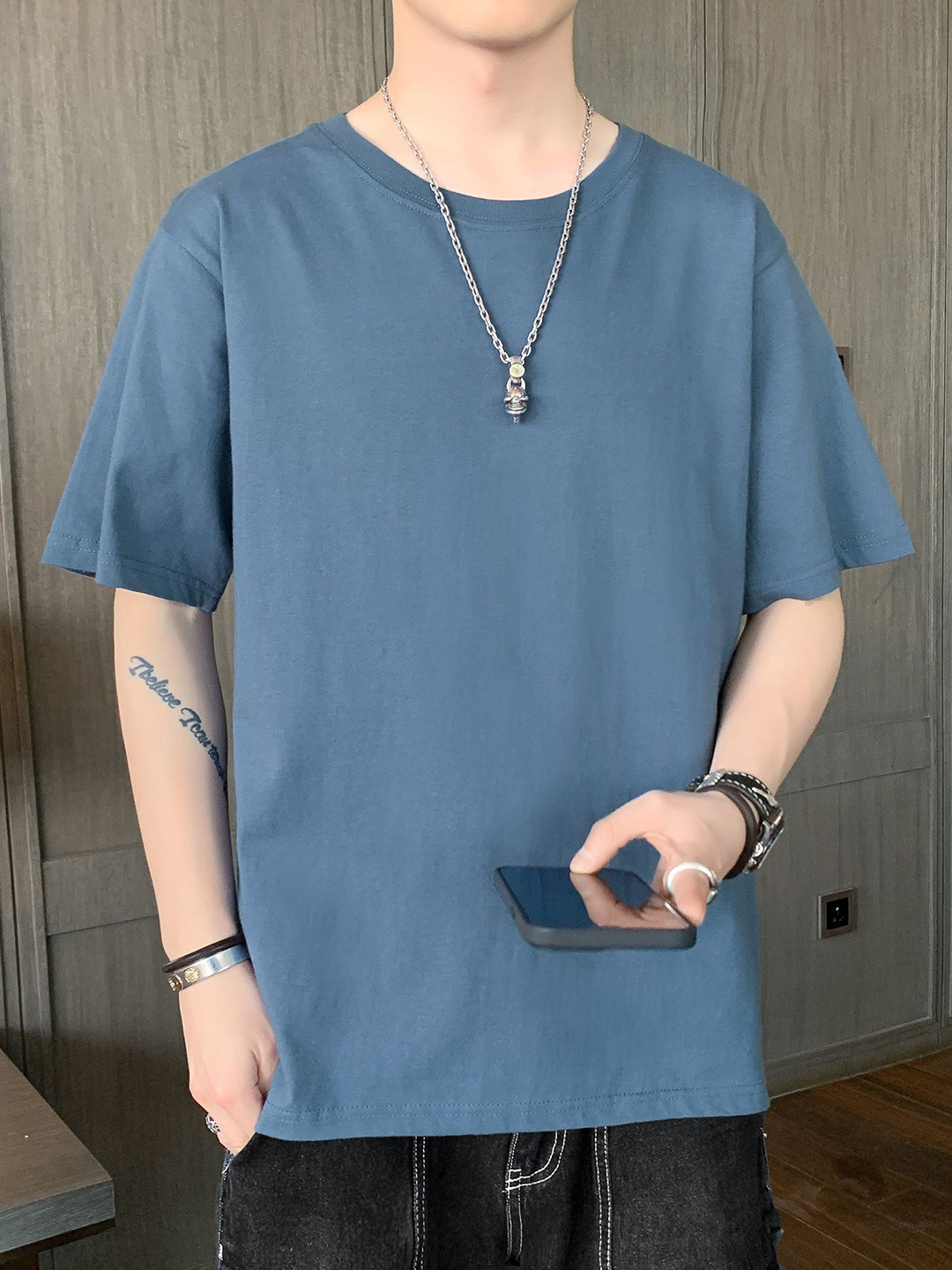 

StyleCast x Revolte Men Solid Round Neck Relaxed Fit T-shirt, Blue
