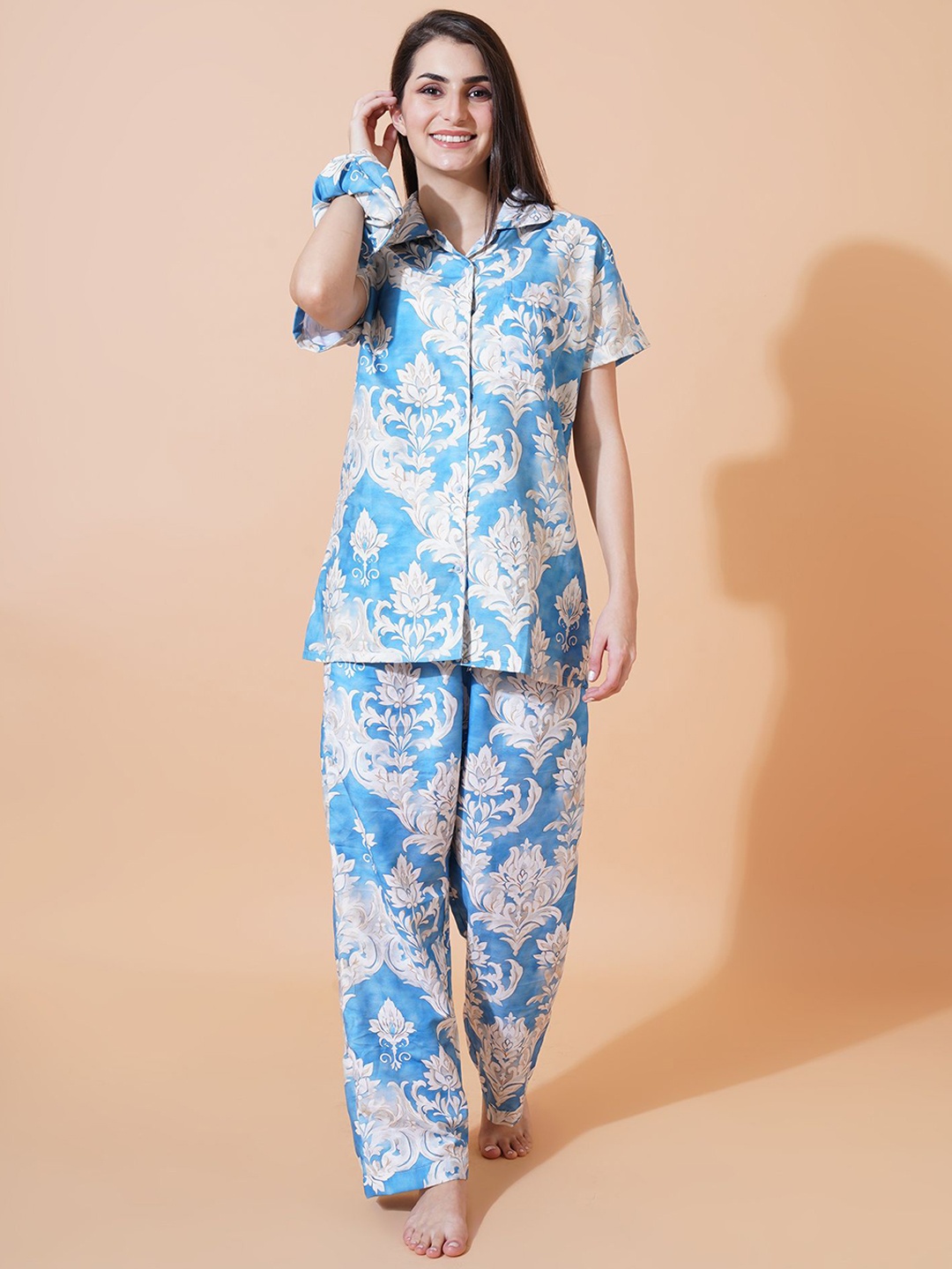 

FFLIRTYGO Women Printed Shirt Collar Night Suit, Blue