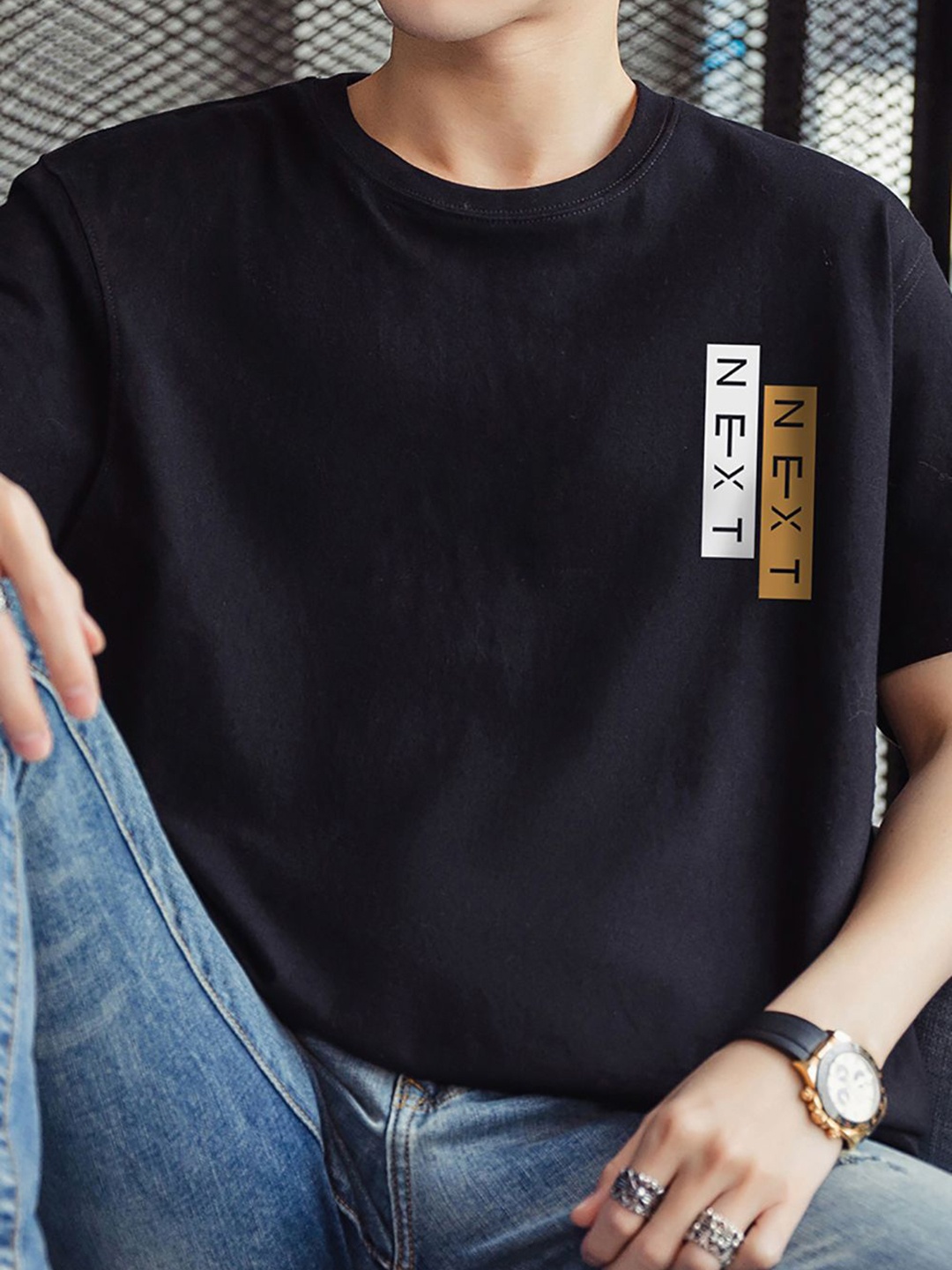 StyleCast x Revolte Men Typography Printed Round Neck T-shirt, Black