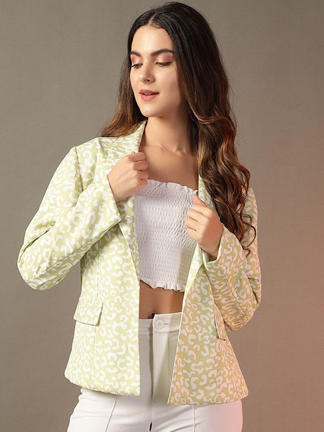

BAESD Printed Notched Lapel Open Front Blazers, Green
