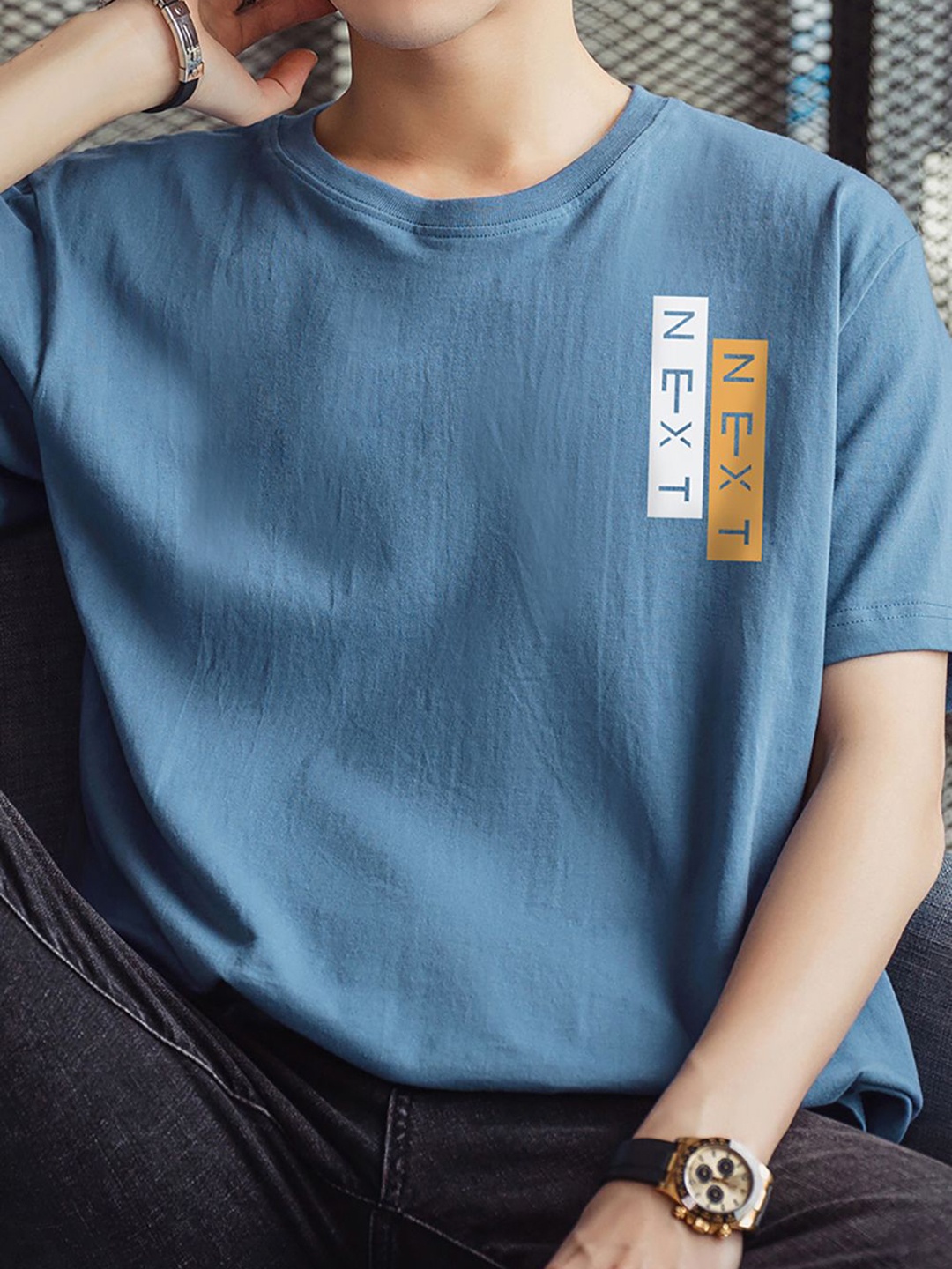 StyleCast x Revolte Men Typography Printed Round Neck T-shirt, Blue