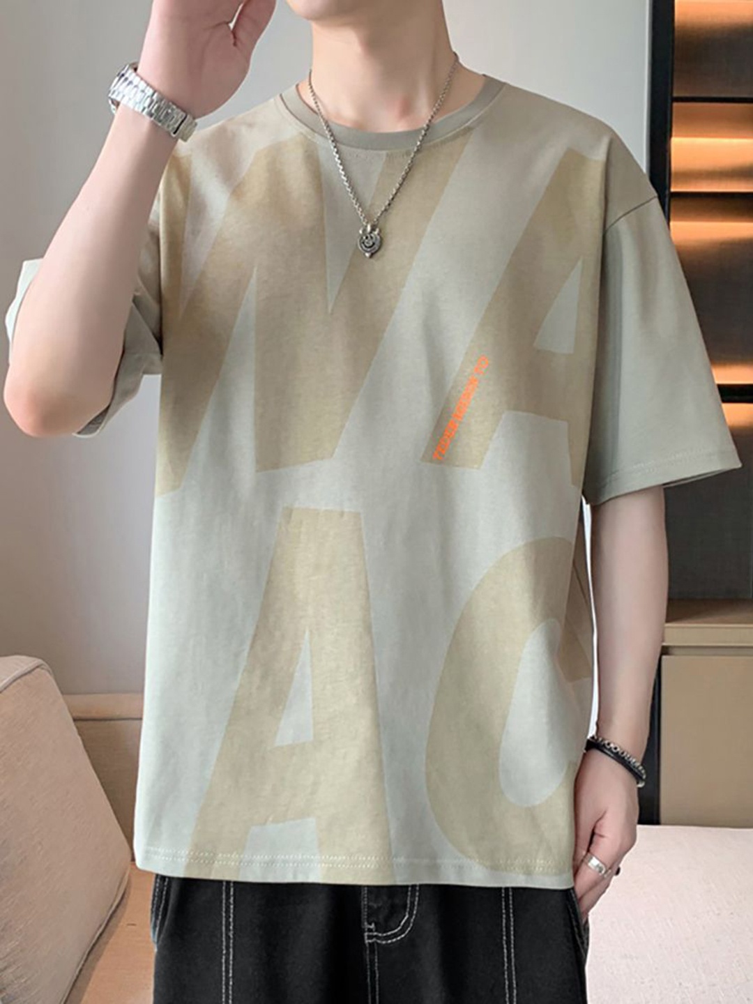 StyleCast x Revolte Men Typography Printed Raw Edge T-shirt, Grey
