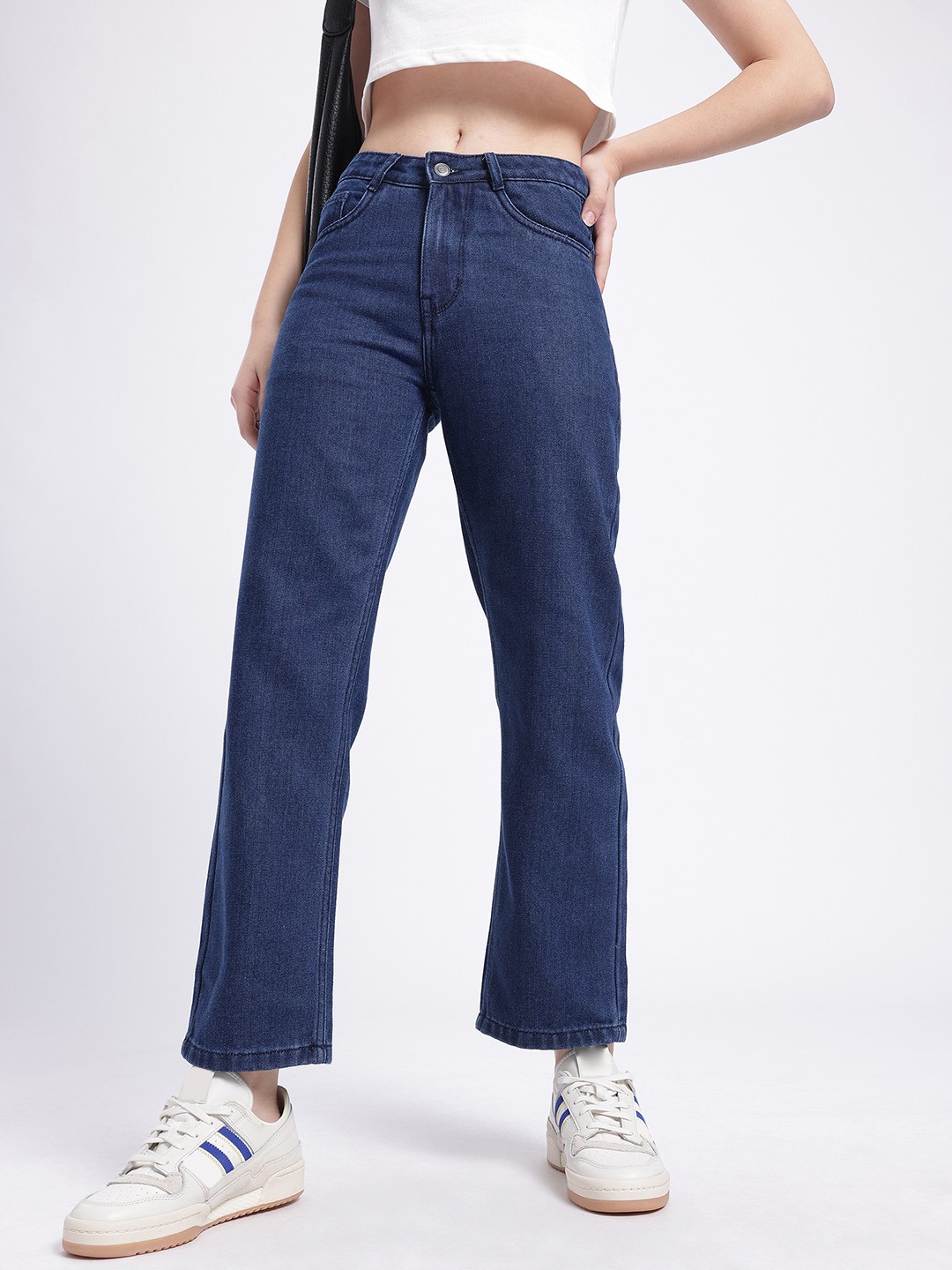 

glitchez Women Classic Days Mid-Rise Cropped Straight Fit Jeans, Navy blue
