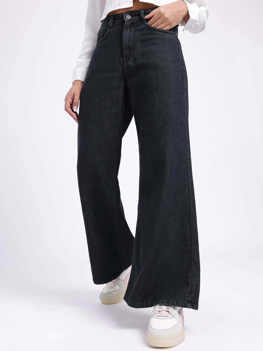 

glitchez Women Loose Chic Wide Leg Jeans, Black