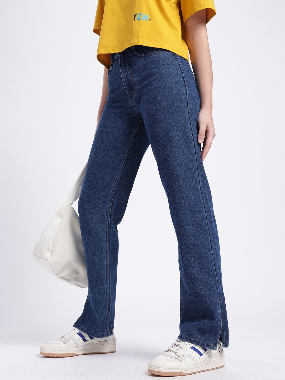 

glitchez Women Stylish Staples Mid-Rise Slit Detail Straight Fit Jeans, Navy blue