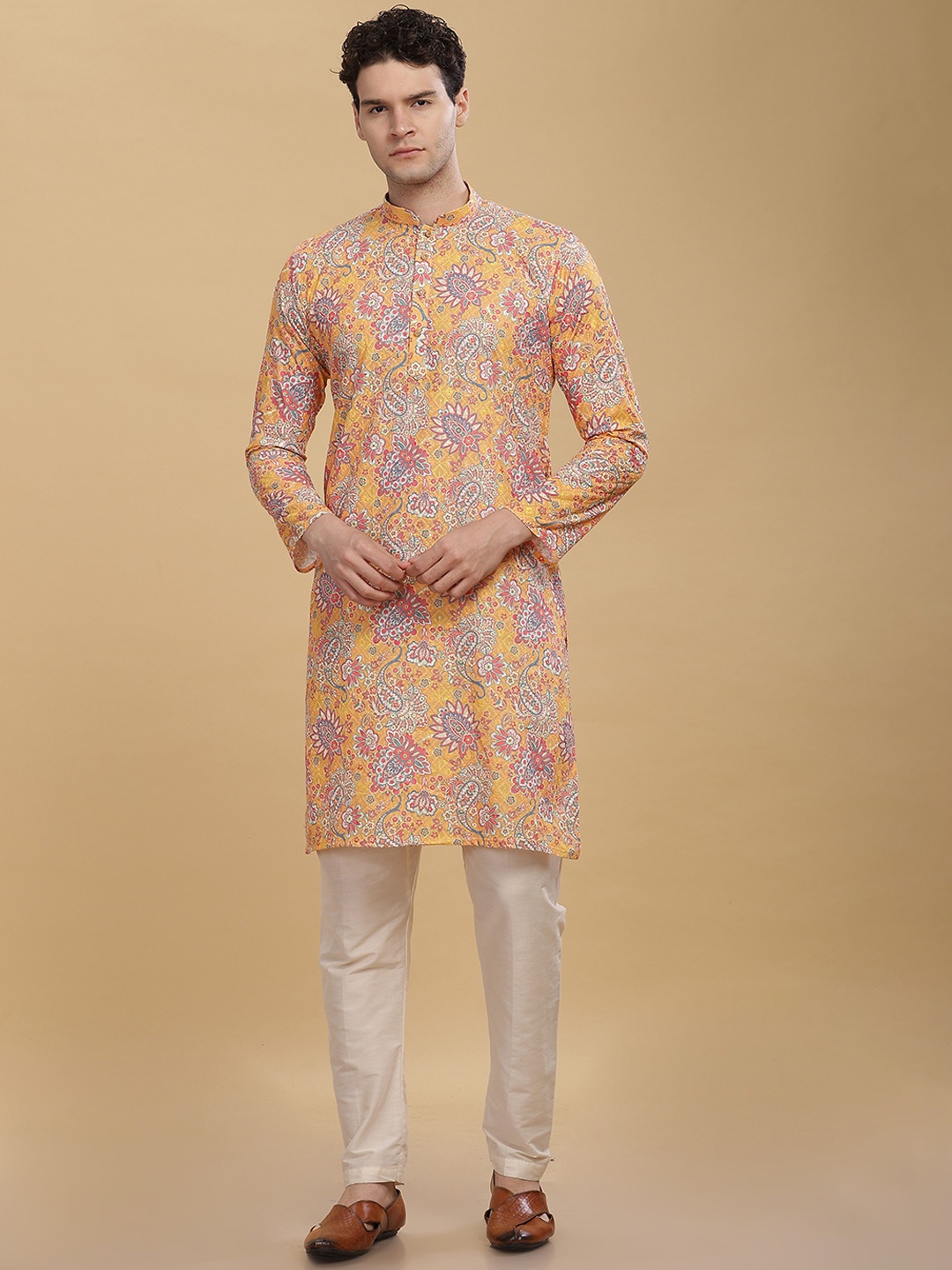 Anouk Orange Floral Printed Band Collar Straight Cotton Kurta