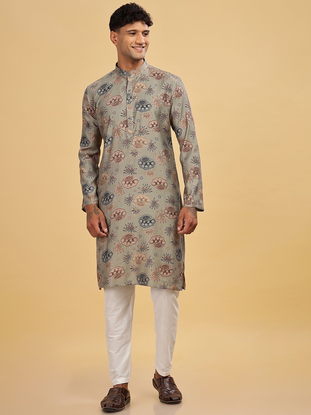 

Anouk Brown Floral Printed Band Collar Straight Cotton Kurta