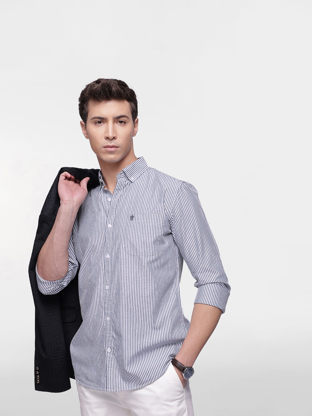 

French Connection Men Premium Slim Fit Striped Pure Cotton Casual Shirt, Navy blue