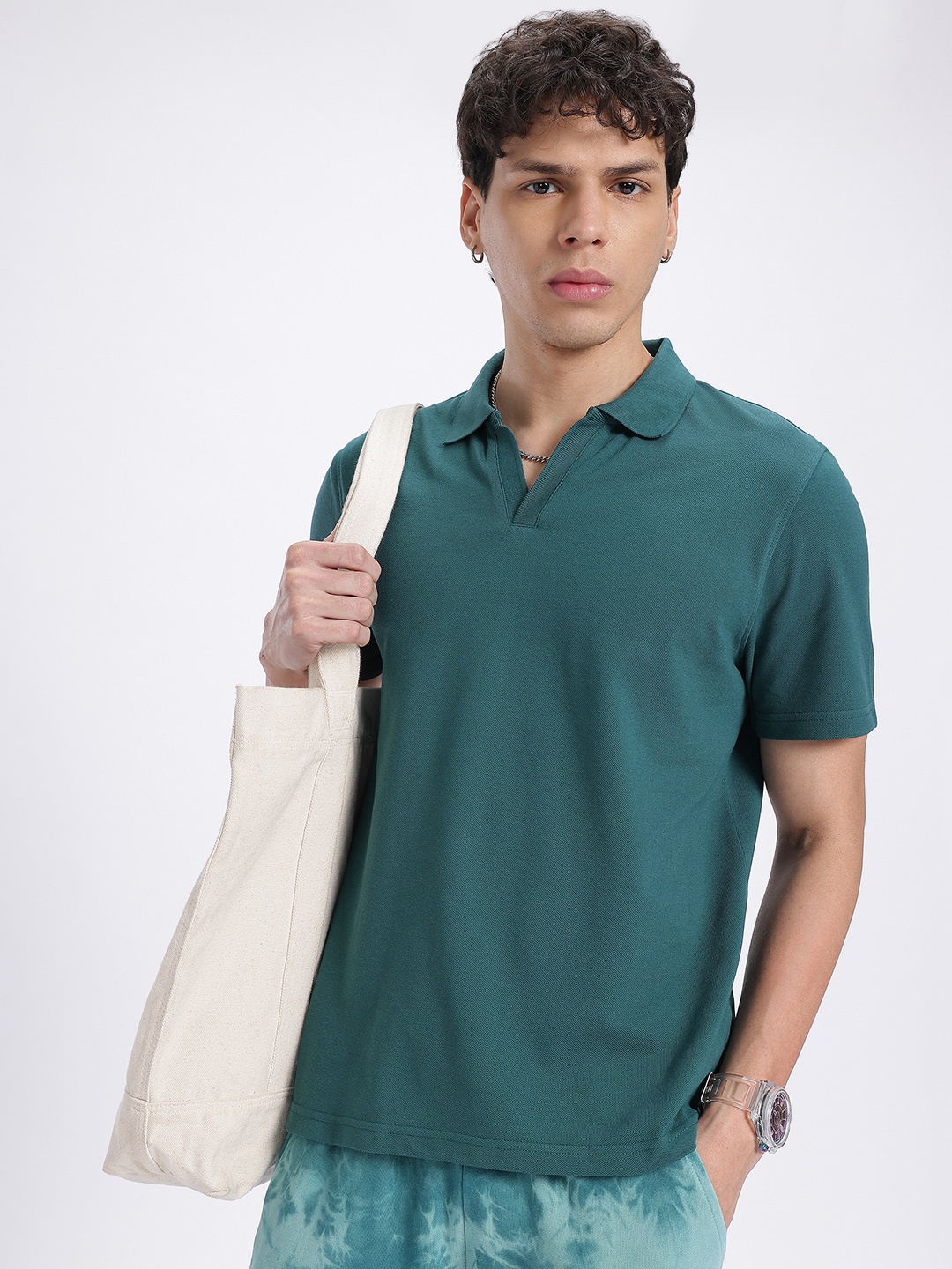 

glitchez Textured Symphony Polo Collar Relaxed T-shirt, Teal