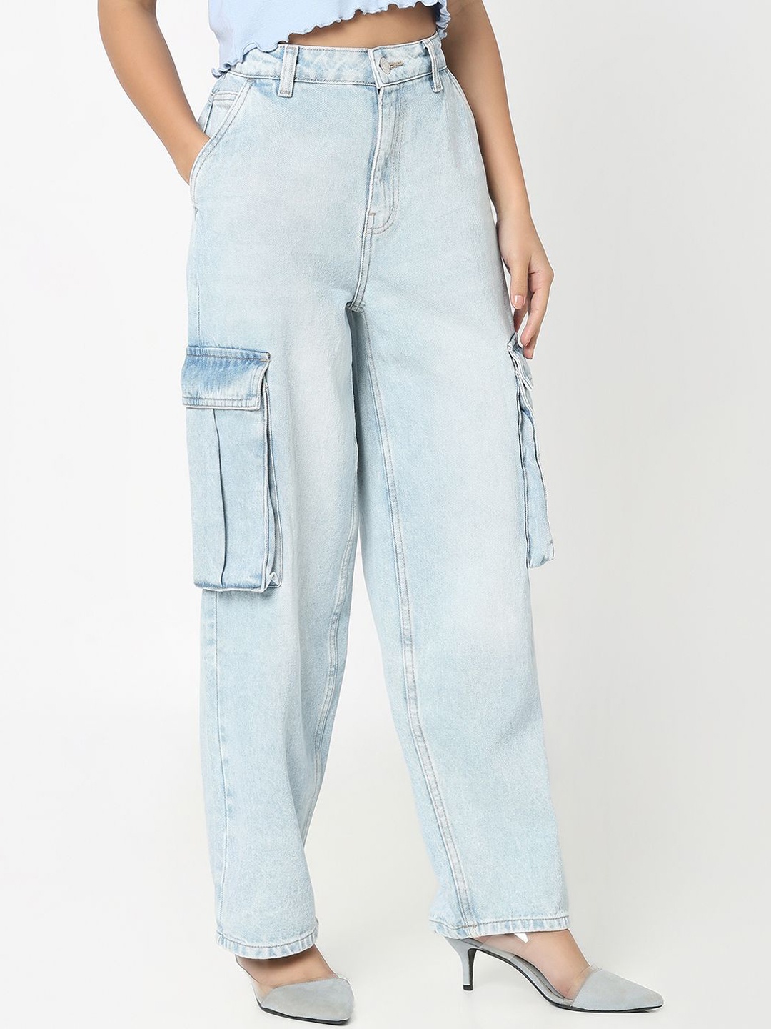 

R&B Women High-Rise Heavy Fade Cotton Baggy Jeans, Blue