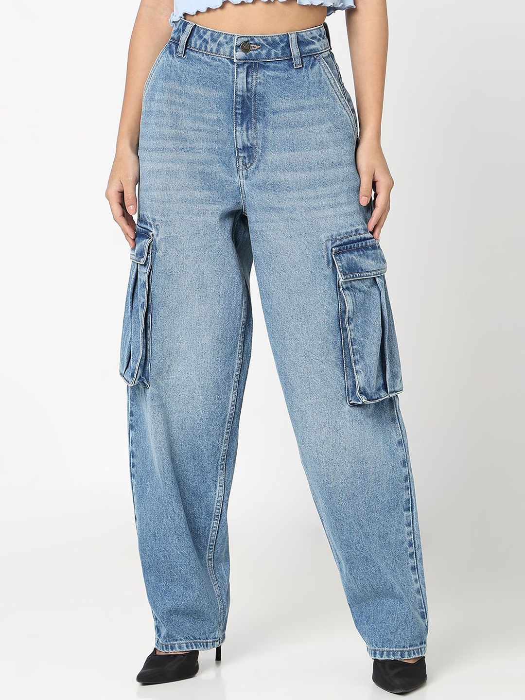 

R&B Women Wide Leg High-Rise Clean Look Heavy Fade Jeans, Blue