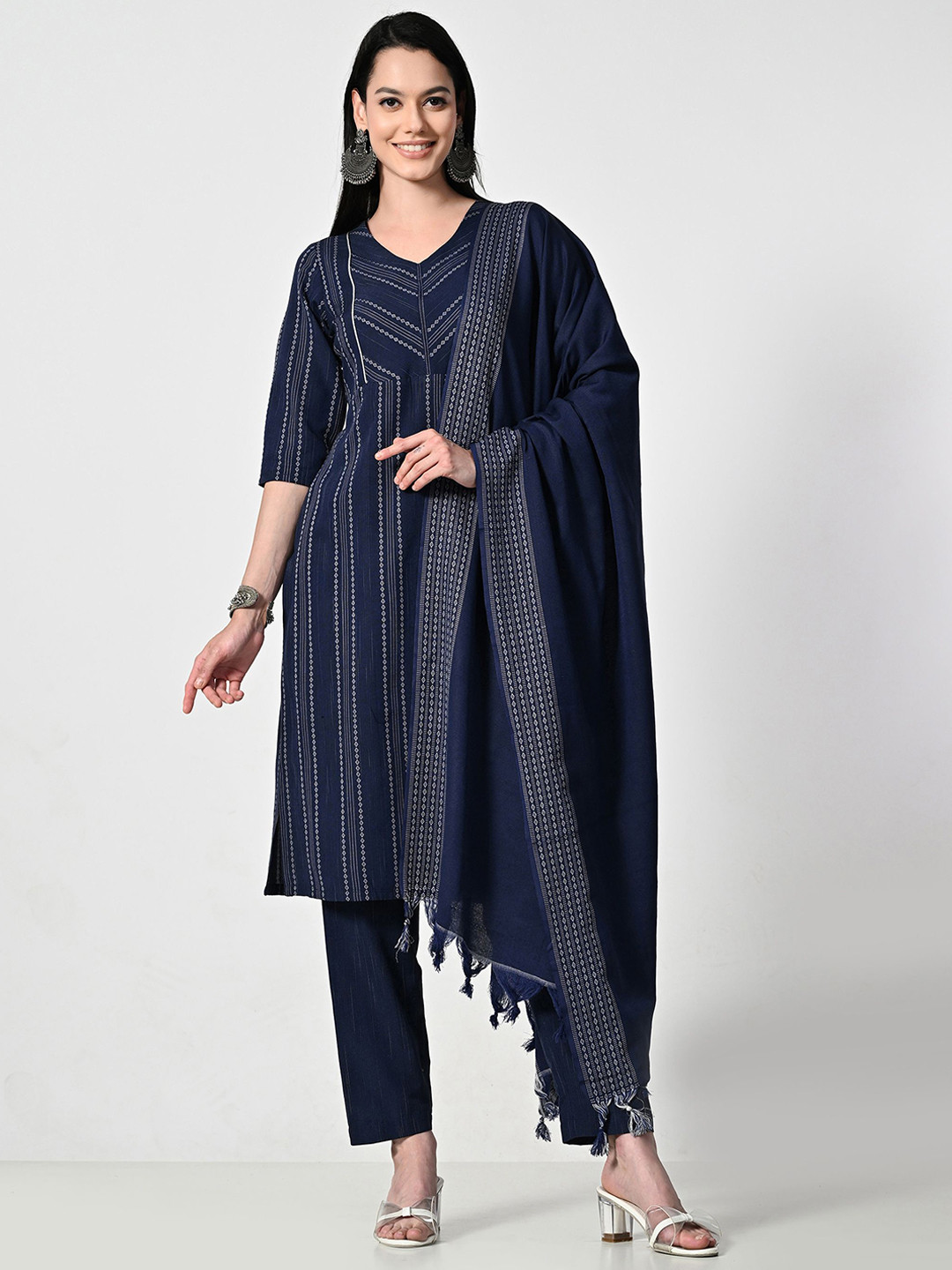 

BAESD Striped V-Neck Straight Kurta With Trousers & Dupatta, Blue