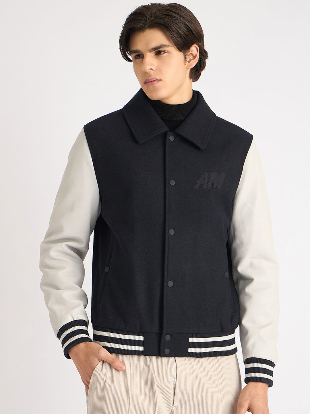 

Antony Morato Men Spread Collar Colourblocked Woollen Casual Bomber Jacket, Navy blue