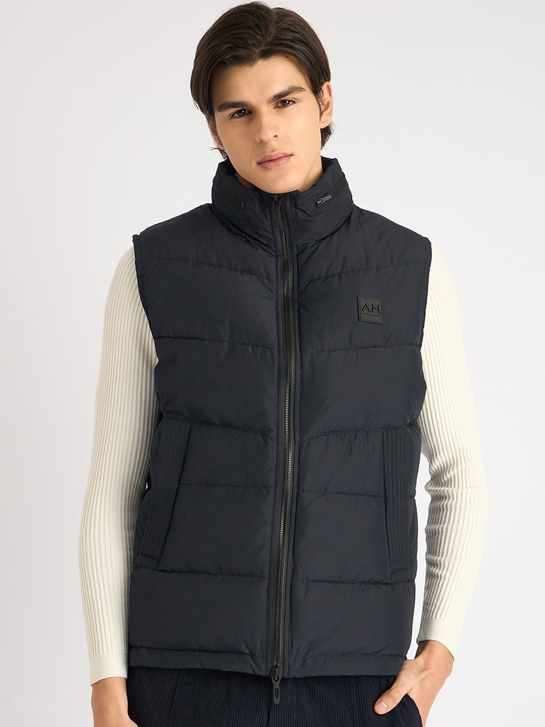 Antony Morato Men Hooded Solid Casual Gilet Jacket, Navy blue