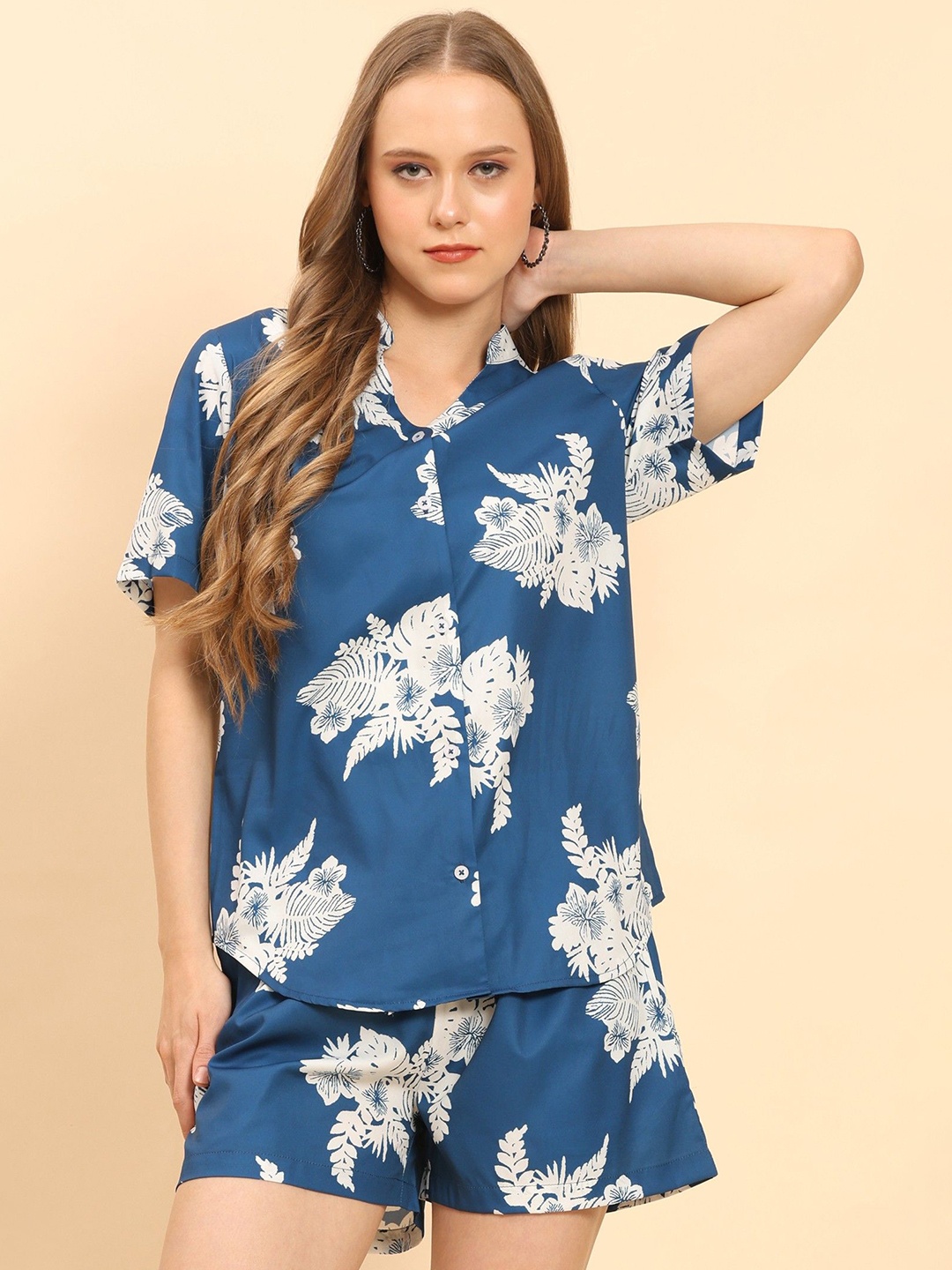 

Moda Rapido Floral Printed Mandarin Collar Shirt With Shorts, Blue