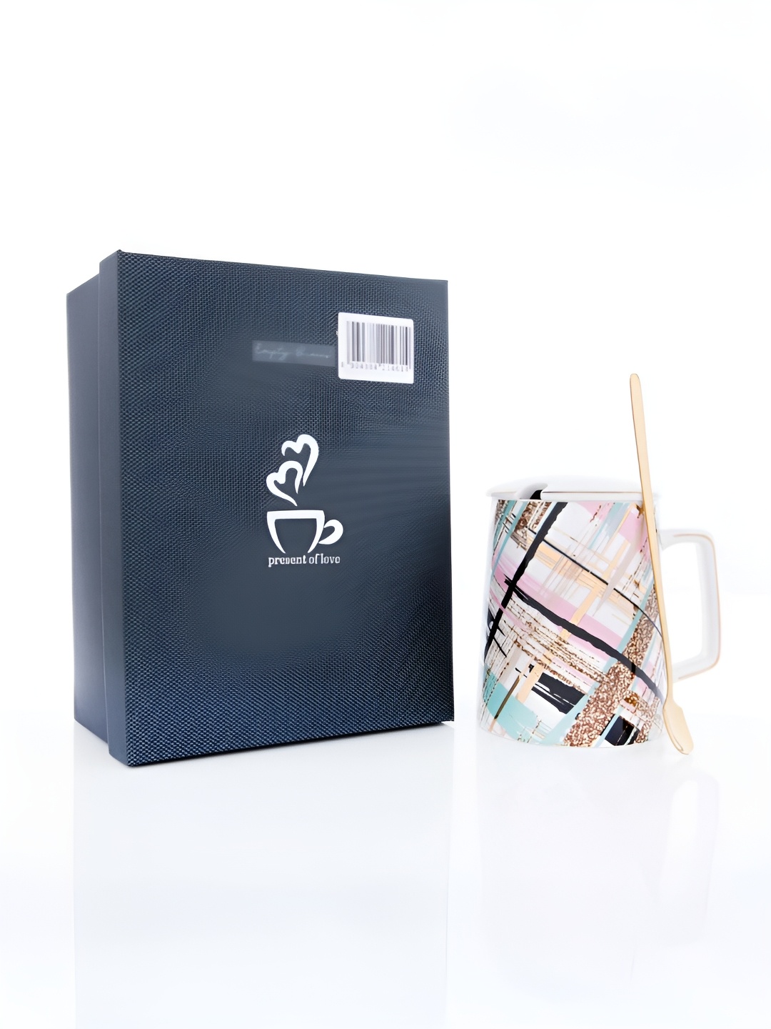 

giBOX White & Gold-Toned 3 Pieces Printed Ceramic Mug 400ml With Lid & Spoon