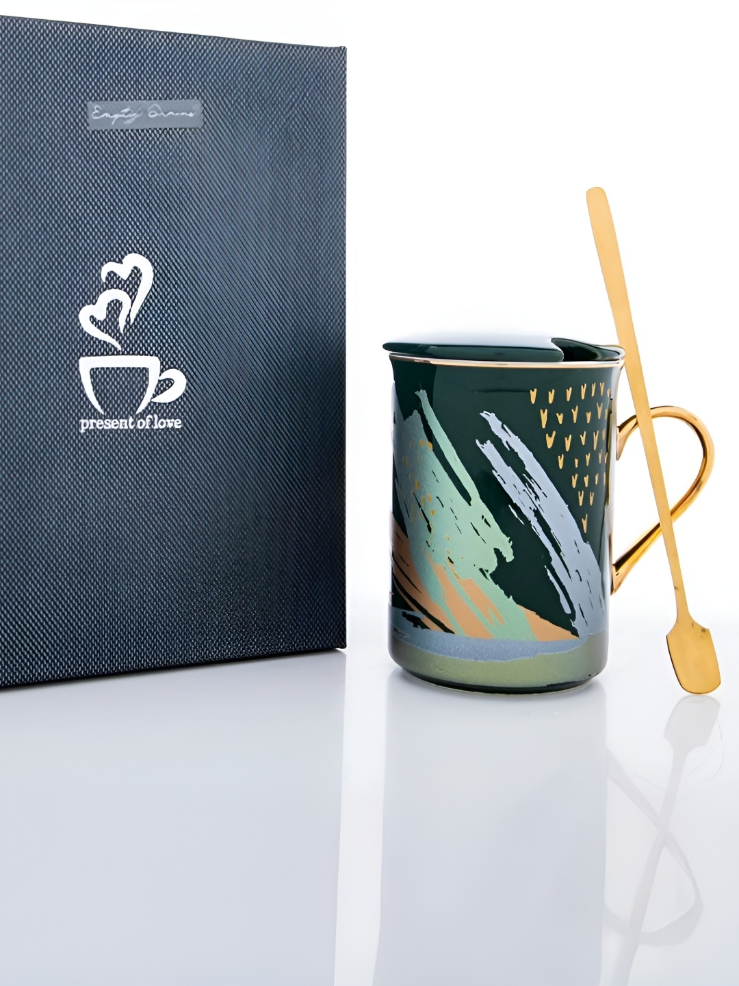 

giBOX Green & Gold-Toned 2 Pieces Printed Ceramic Matte Mug and Spoon