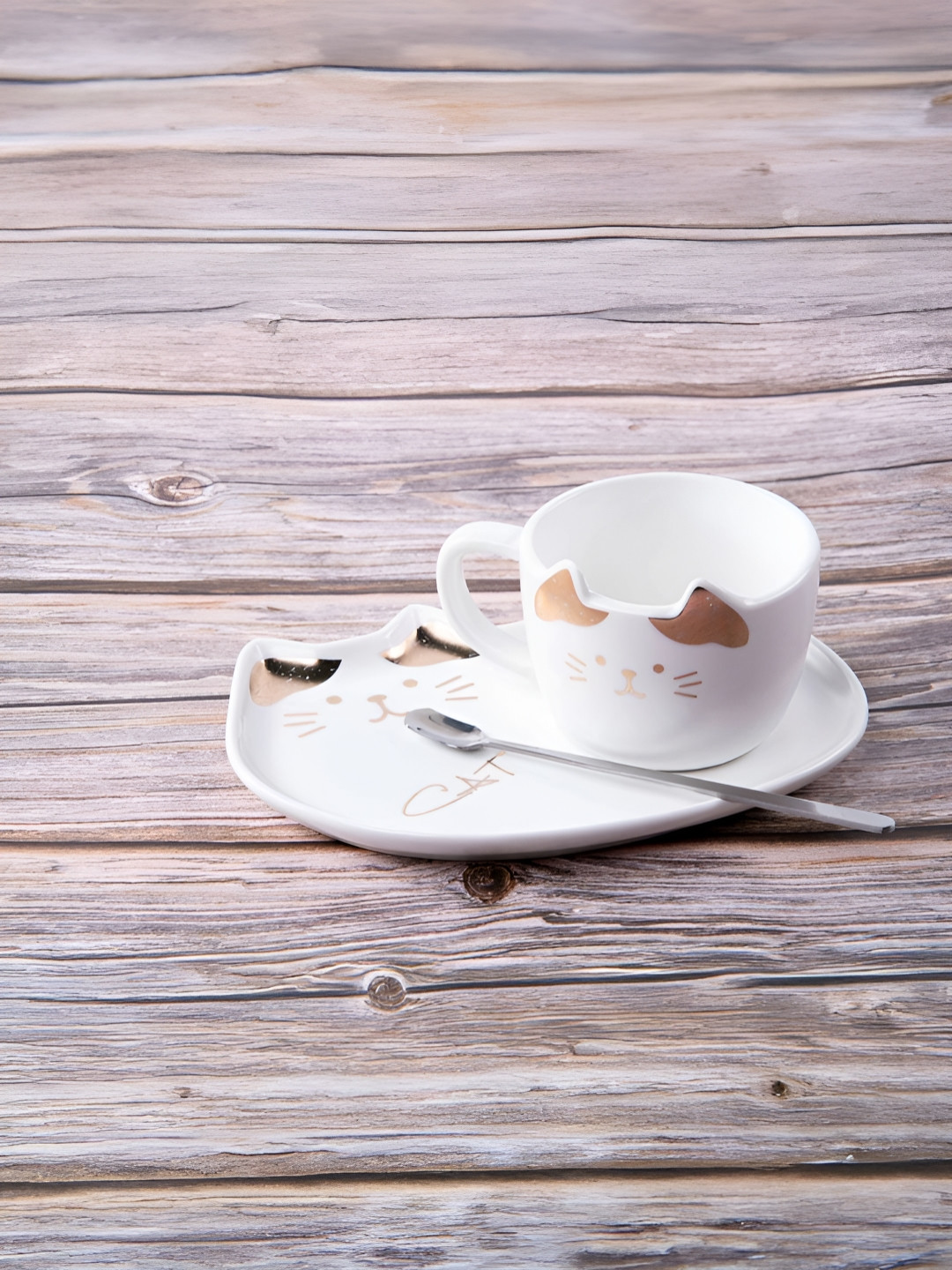 

giBOX White & Brown 3 Pieces Cat Printed Cup With Saucer & Spoon