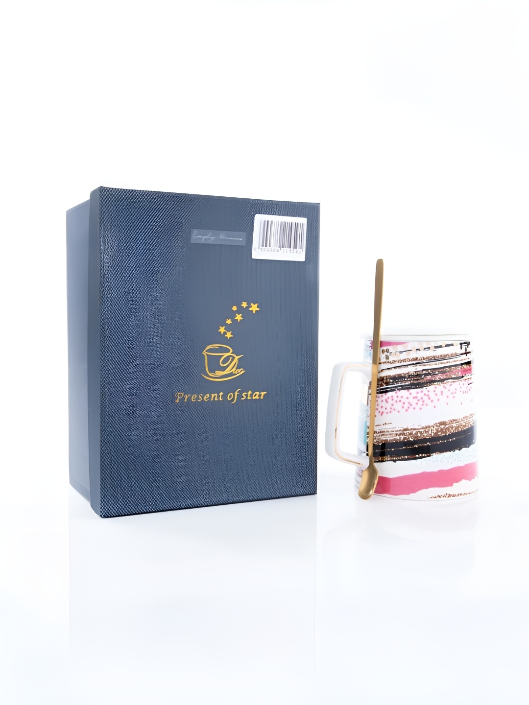 

giBOX White & Blue 3 Pieces Abstract Printed Glossy Ceramic Coffee Mug With Lid & Spoon
