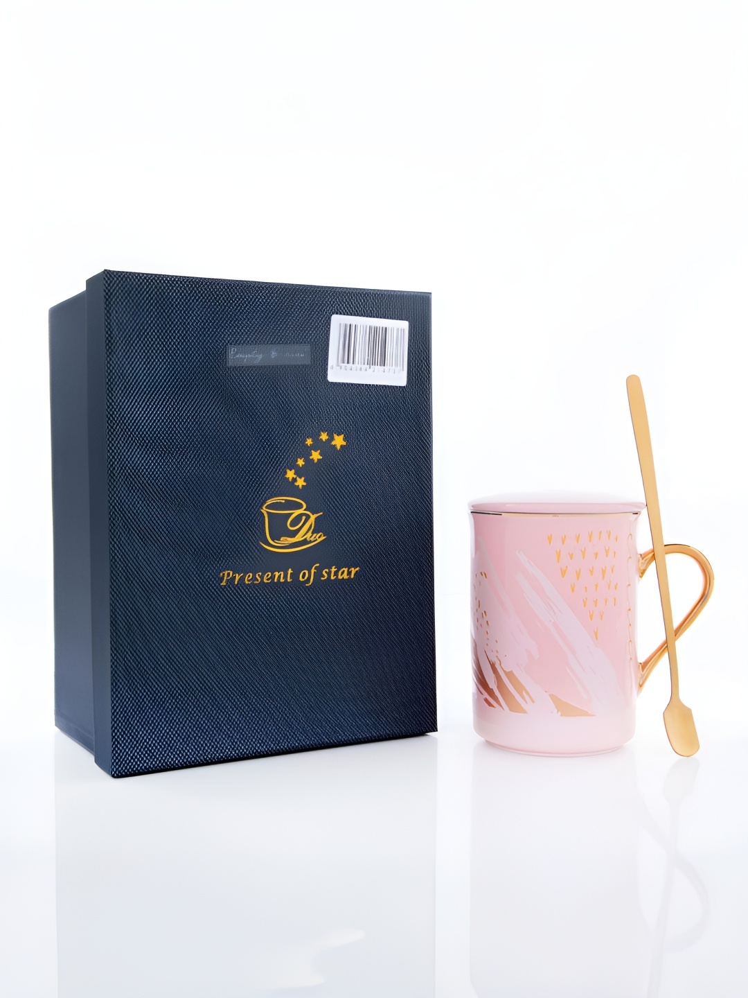 

giBOX Pink & Gold-Toned Printed Ceramic Mug 400ml With Lid & Spoon