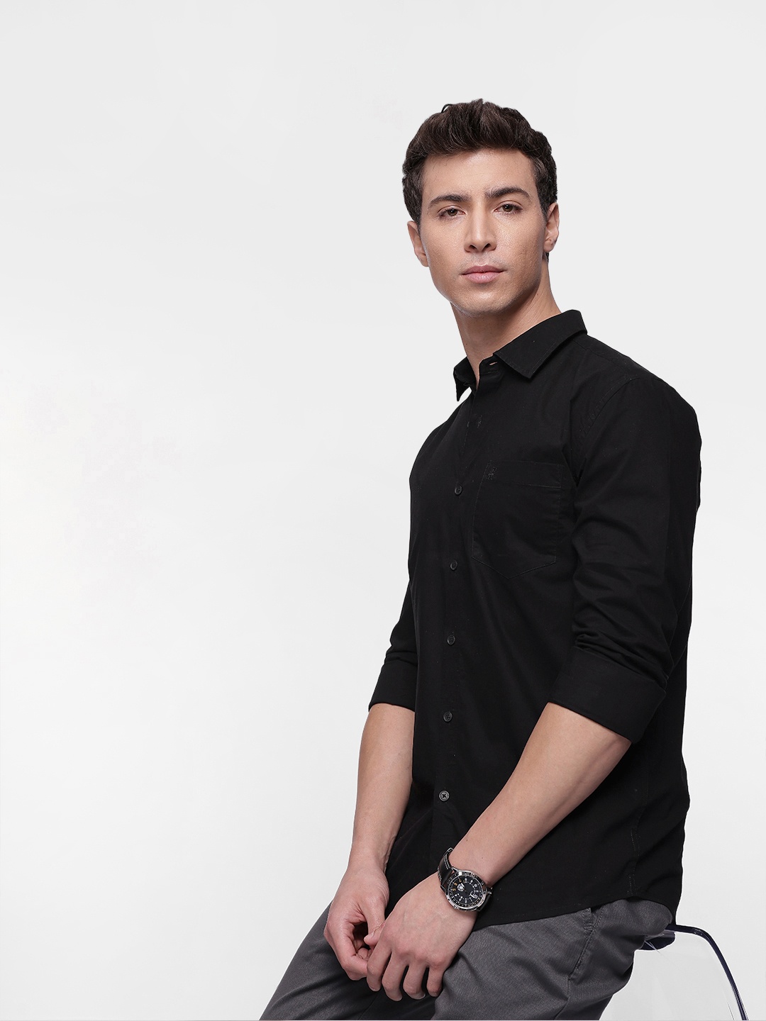 

French Connection Men Premium Slim Fit Pure Cotton Casual Shirt, Black