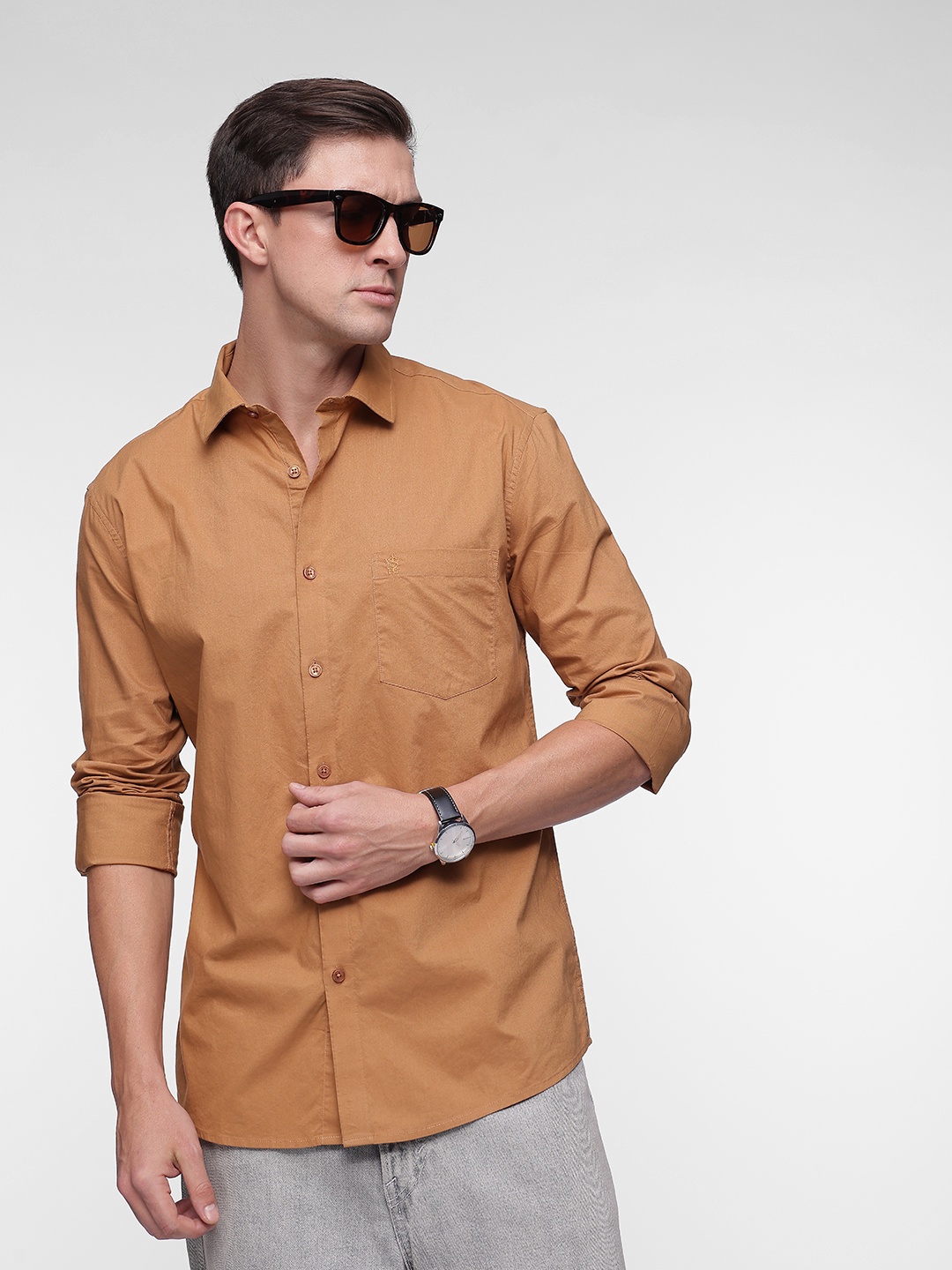 

French Connection Men Premium Slim Fit Pure Cotton Casual Shirt, Camel brown