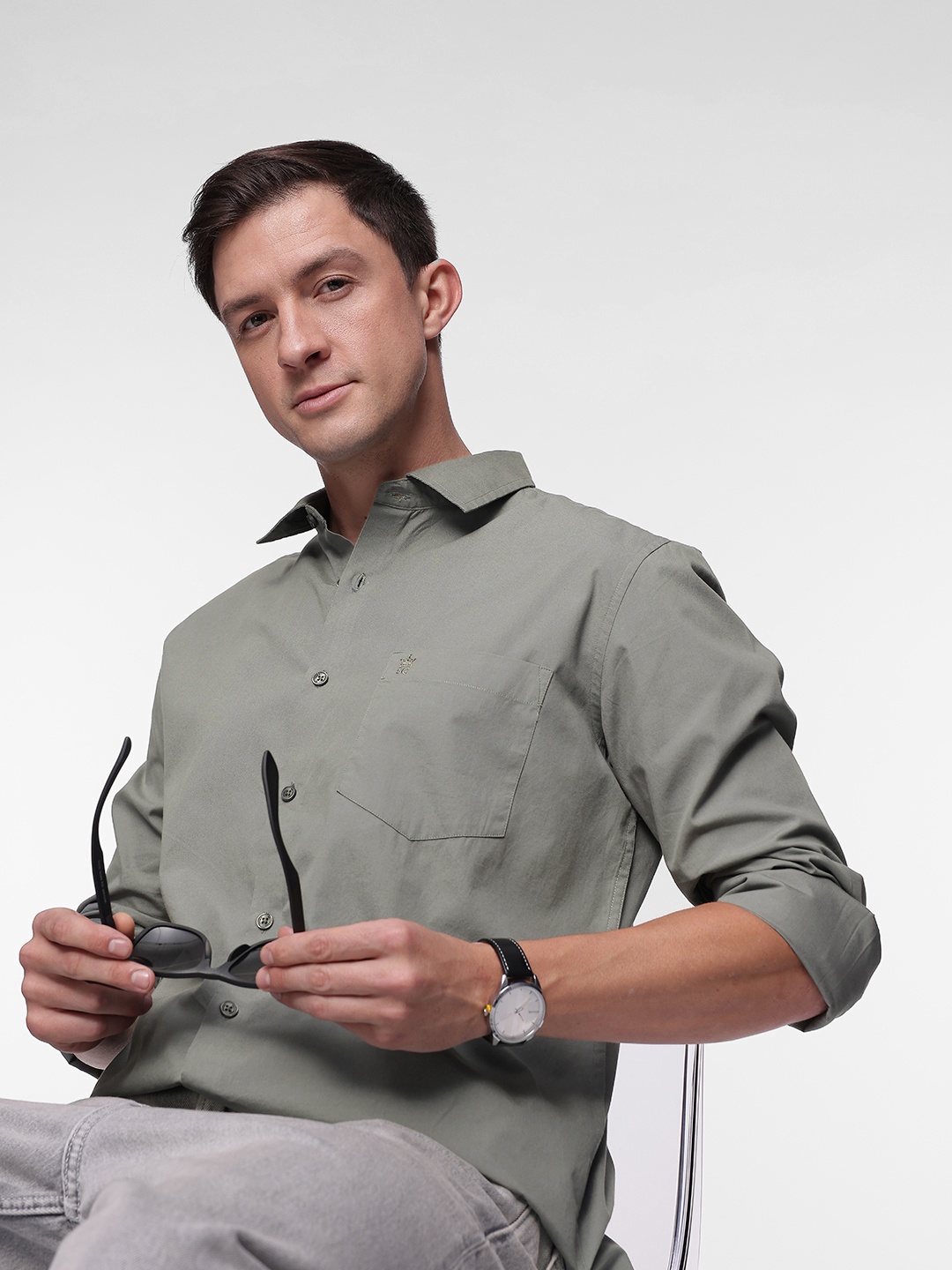 

French Connection Men Premium Slim Fit Pure Cotton Casual Shirt, Olive