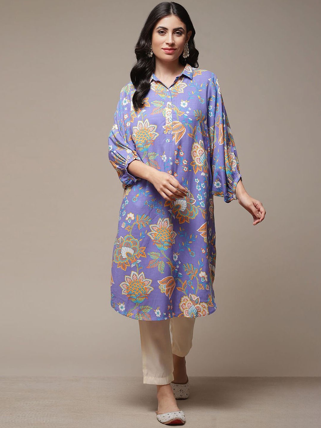

Biba Floral Printed Shirt Collar Puffed Sleeves Straight Kurta, Purple
