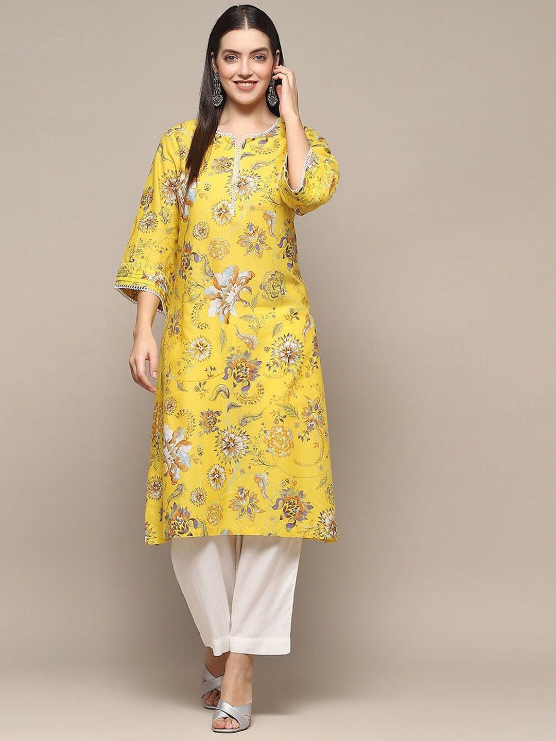 

Biba Floral Printed Notch Neck Flared Sleeves Pure Cotton Straight Kurtas, Yellow