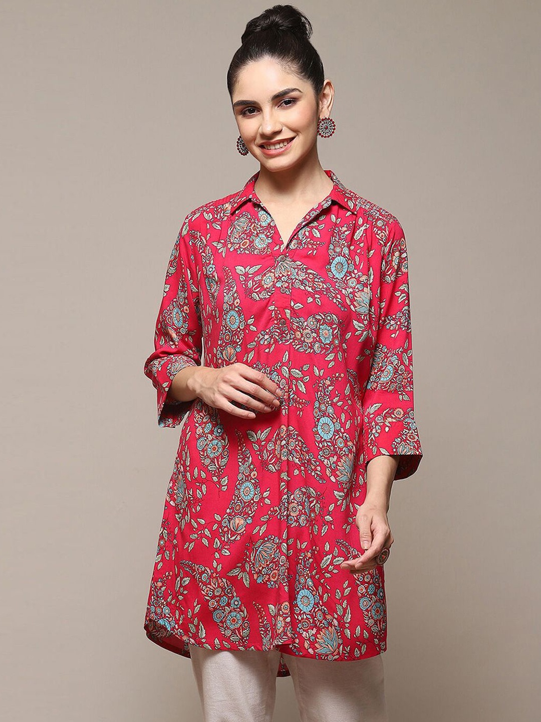 

Biba Floral Printed Shirt Collar Flared Sleeves Kurtis, Pink