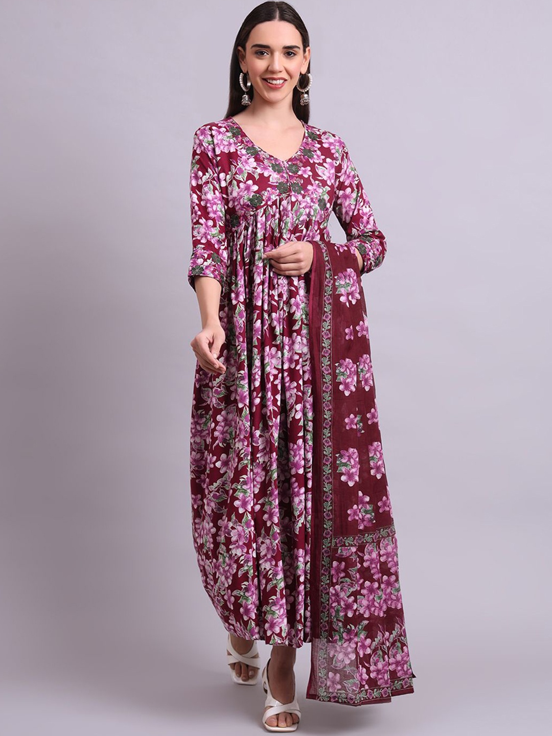 

aayusika Floral Printed Anarkali Ethnic Dresses with Dupatta, Purple