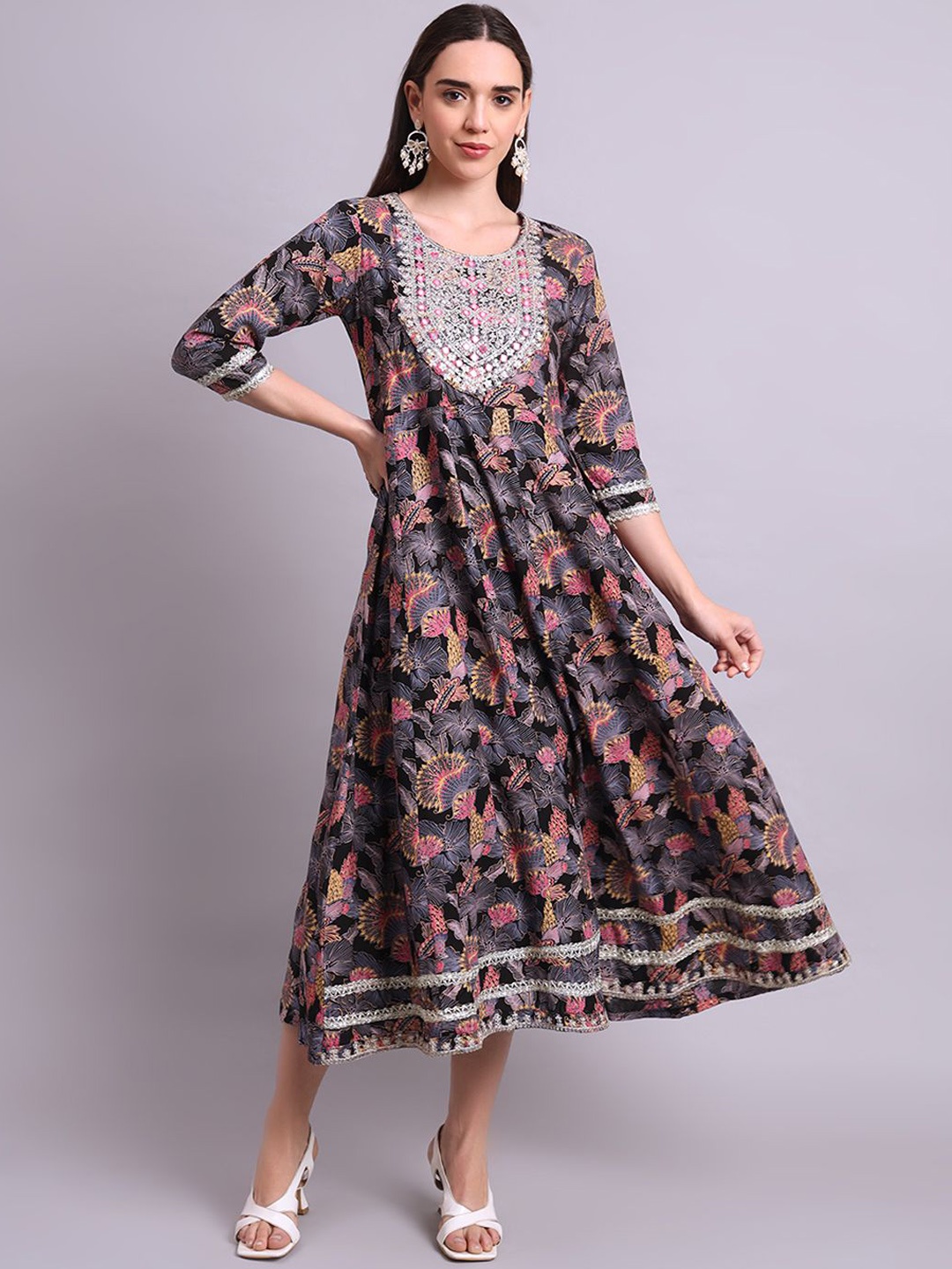aayusika Floral Printed & Embroidered Anarkali Ethnic Dresses, Black