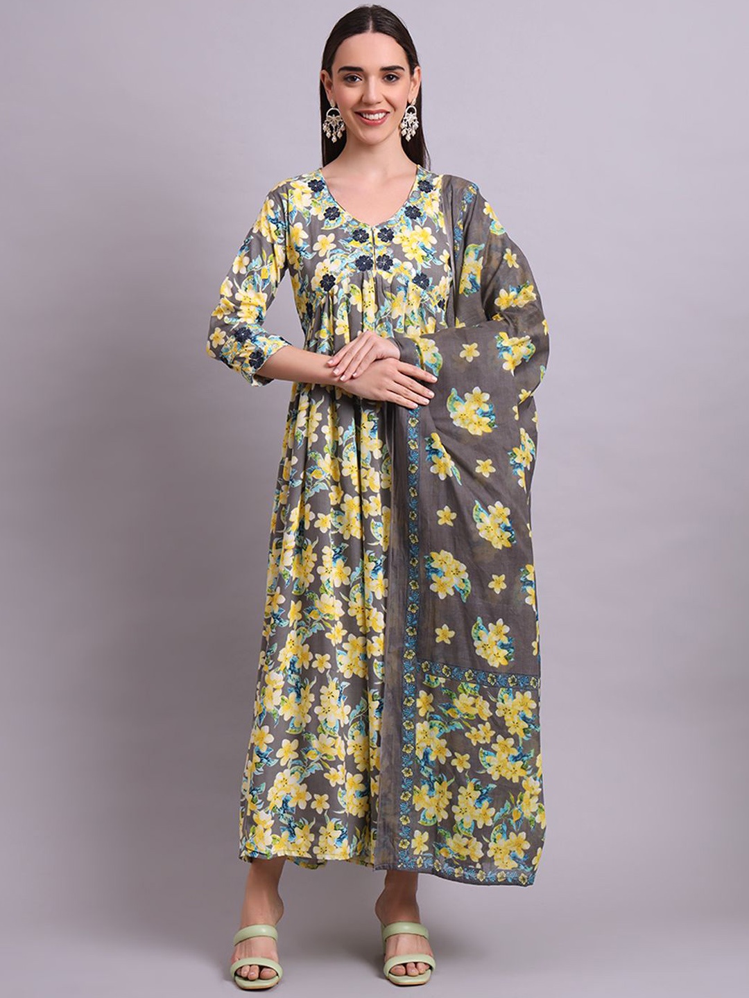 

aayusika Floral Printed & Embroidered Anarkali Ethnic Dresses, Yellow