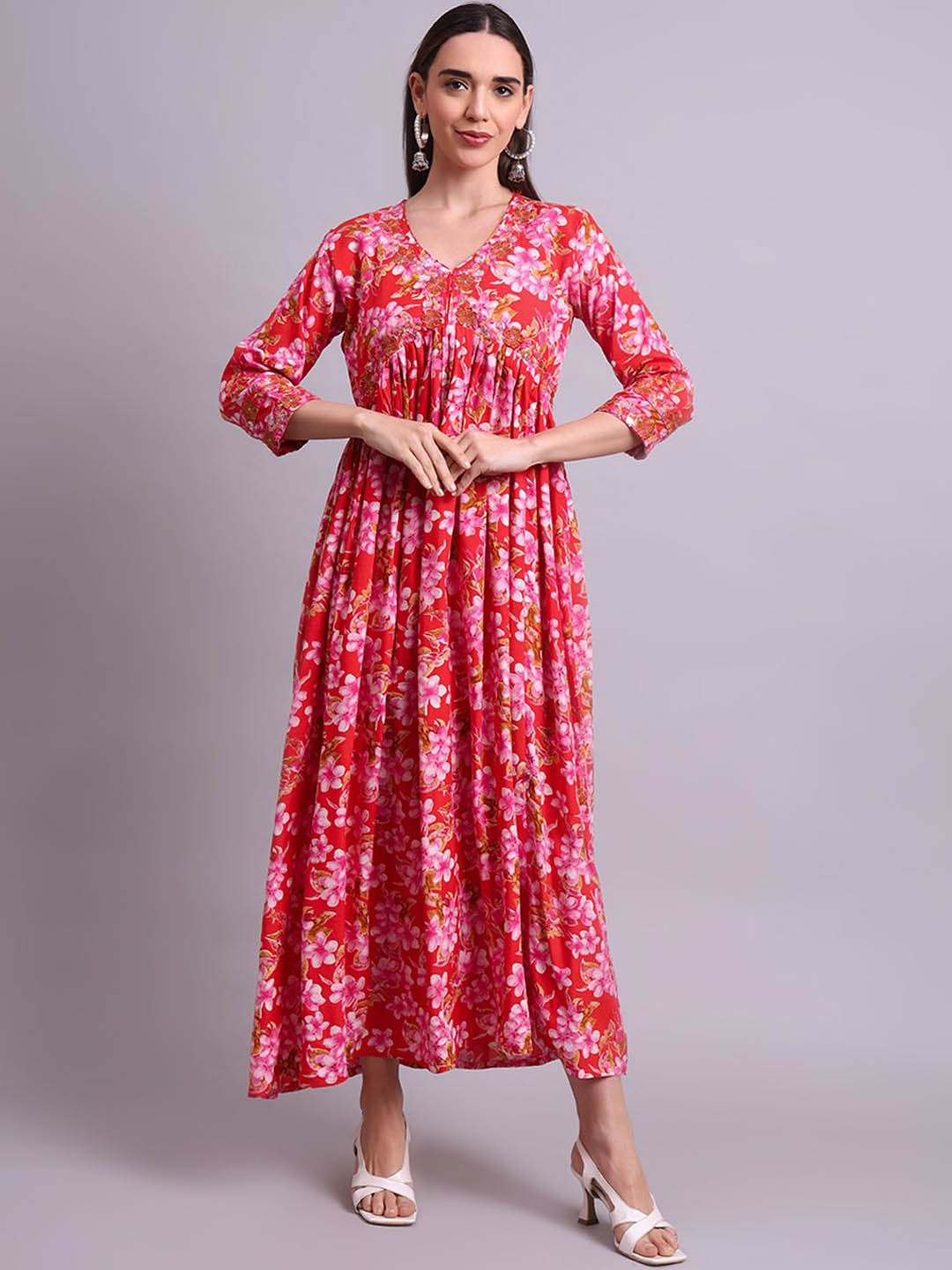 

aayusika Printed V Neck Ethnic Dresses, Red