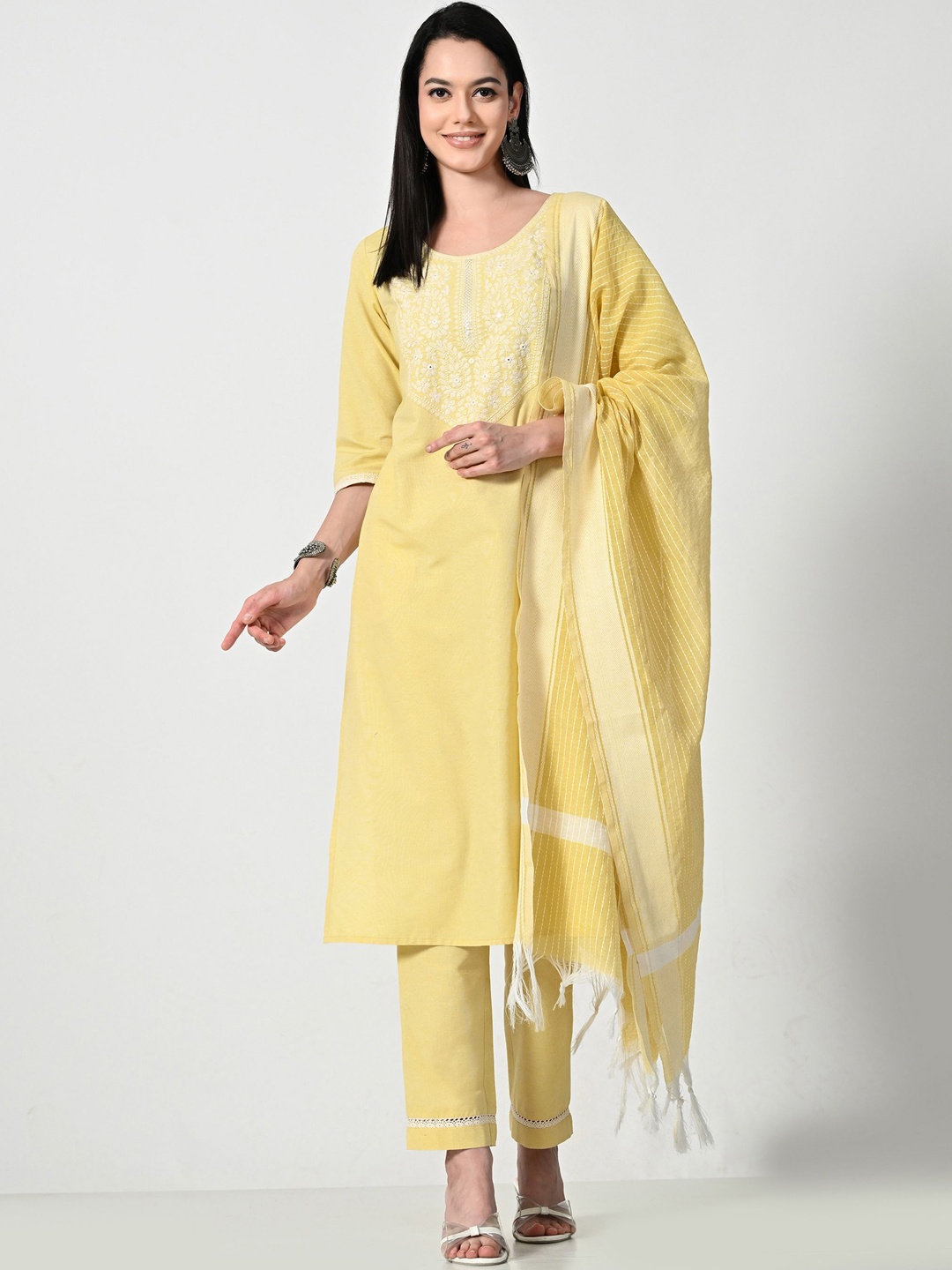 

ALL WAYS YOU Floral Embroidered Mirror Work Straight Kurta with Trousers & Dupatta, Yellow