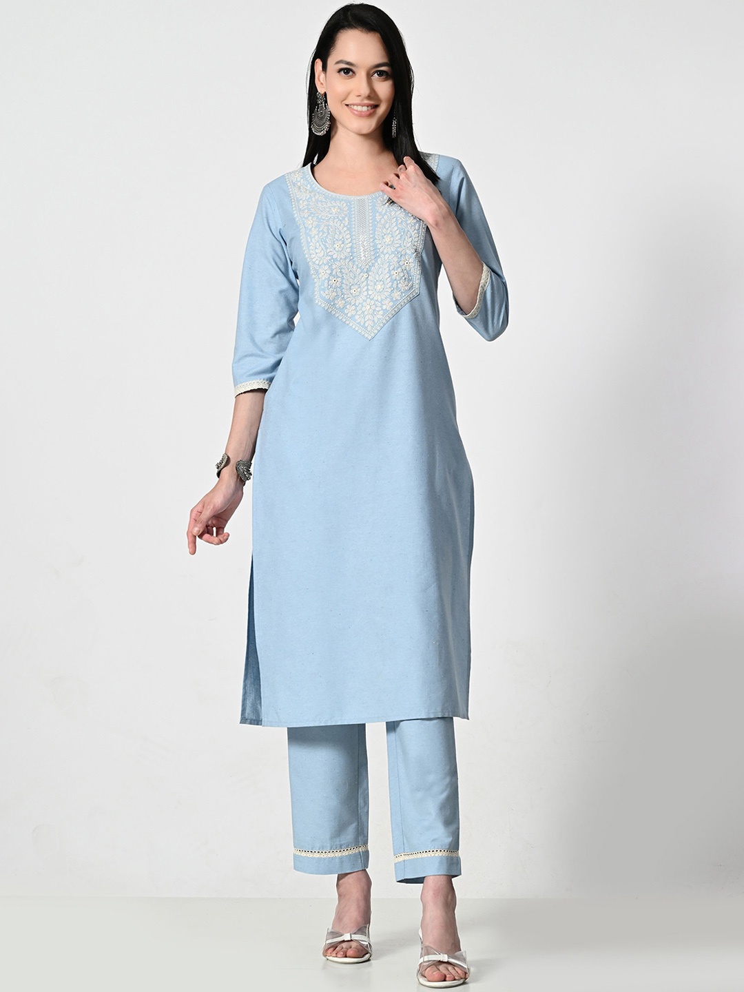 

ALL WAYS YOU Floral Embroidered Mirror Work Straight Kurta with Trousers, Blue