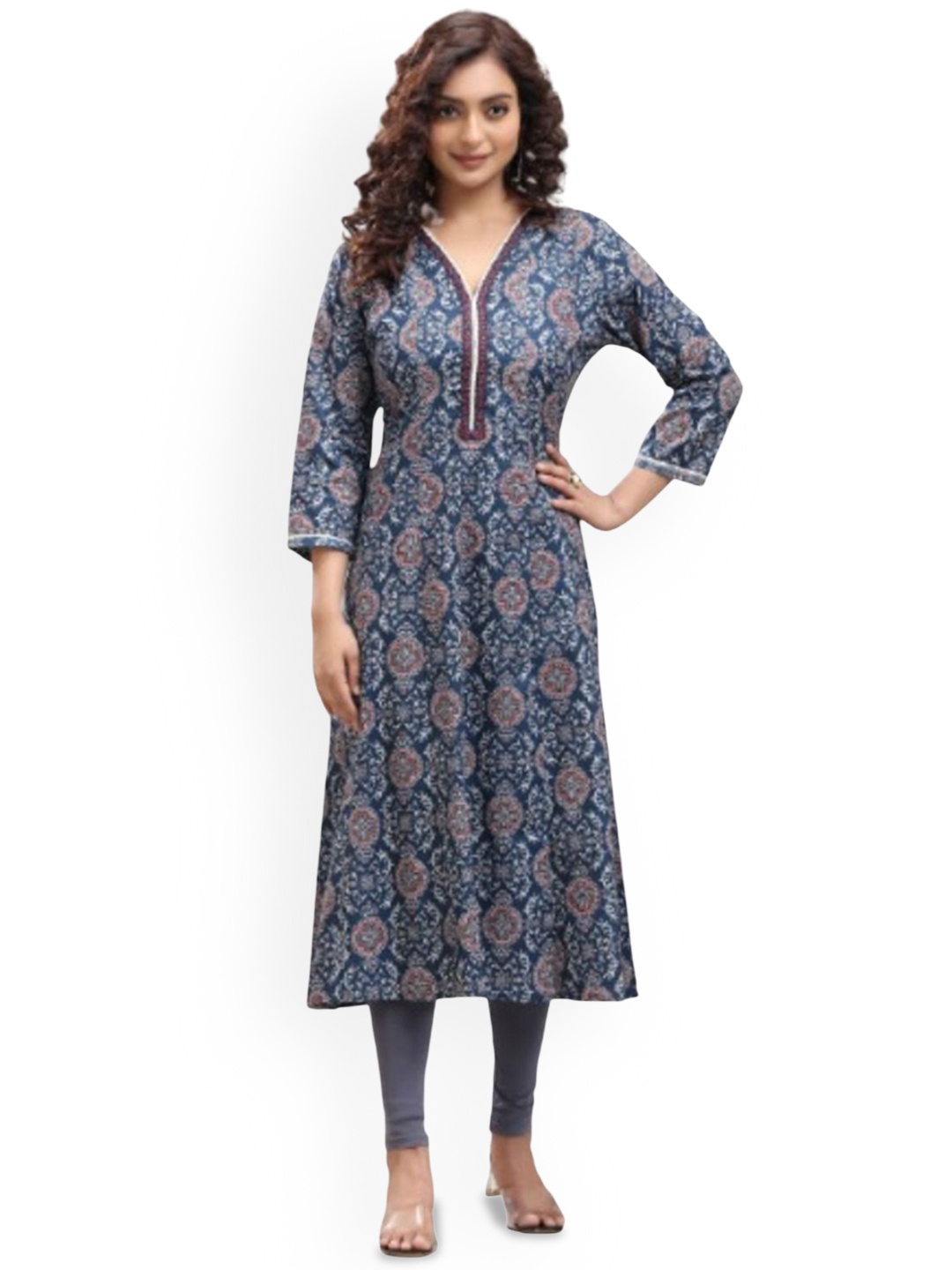

COTTON CULTURE Floral Printed V-Neck A-Line Kurta, Navy blue