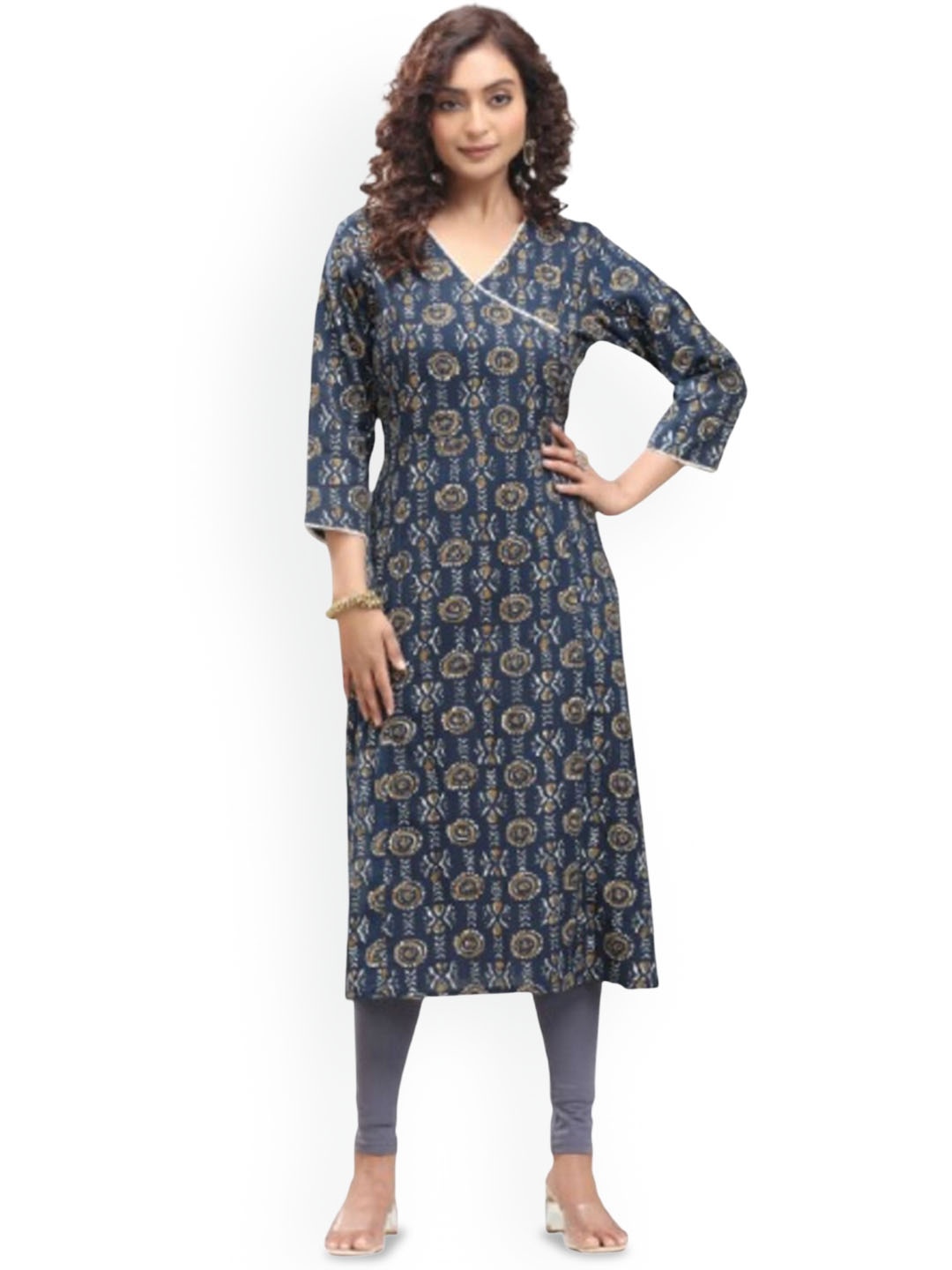 

COTTON CULTURE Floral Printed V-Neck A-Line Kurta, Navy blue