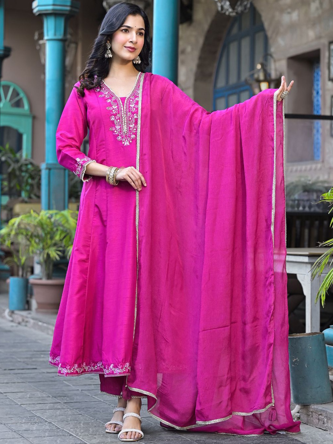 

ANUSHEET Floral Printed Pure Silk Anarkali Kurta with Trousers & Dupatta, Pink