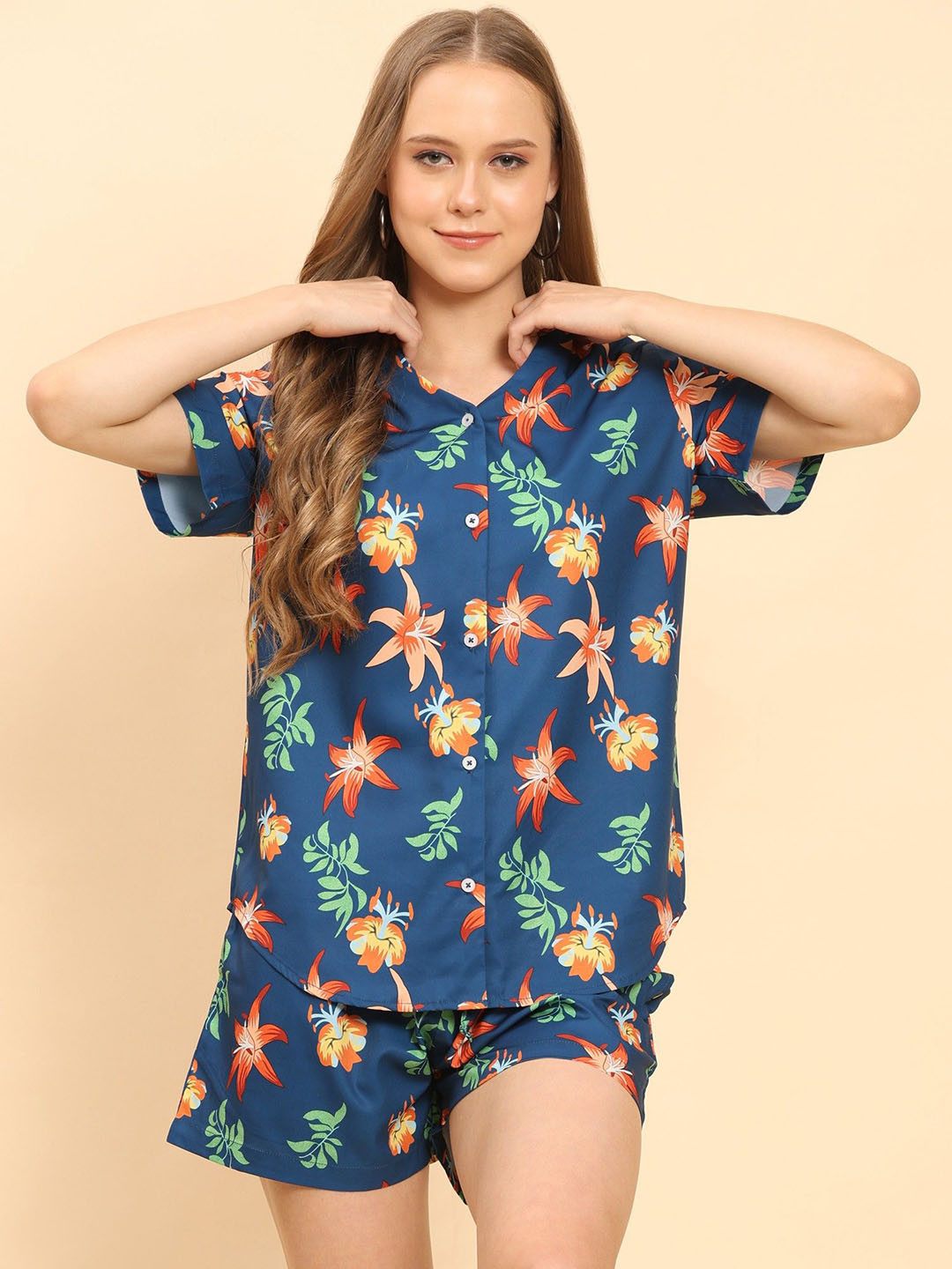 

Moda Rapido Floral Printed Mandarin Collar Shirt With Shorts, Blue