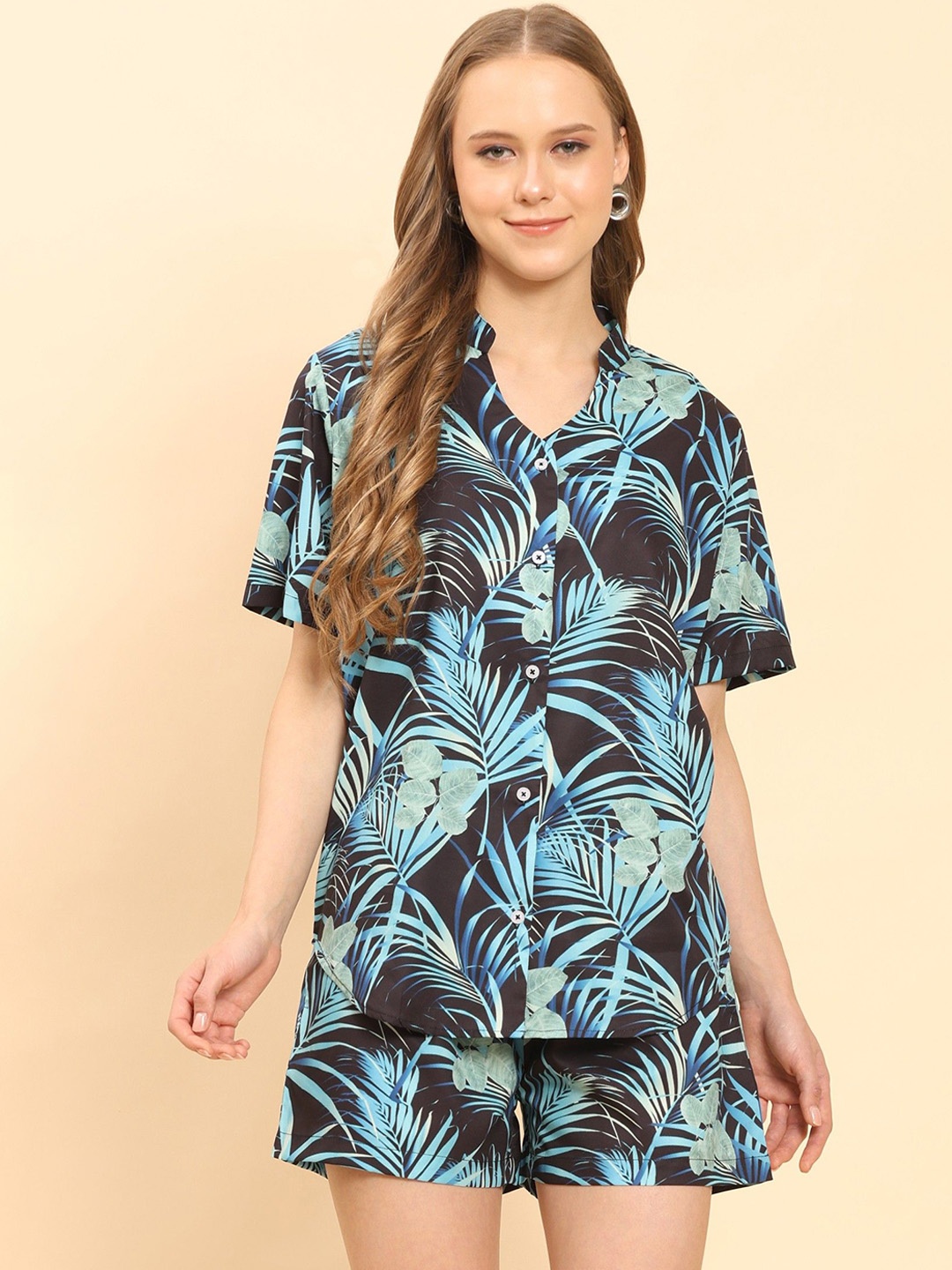 

Moda Rapido Floral Printed Mandarin Collar Shirt With Shorts, Turquoise blue