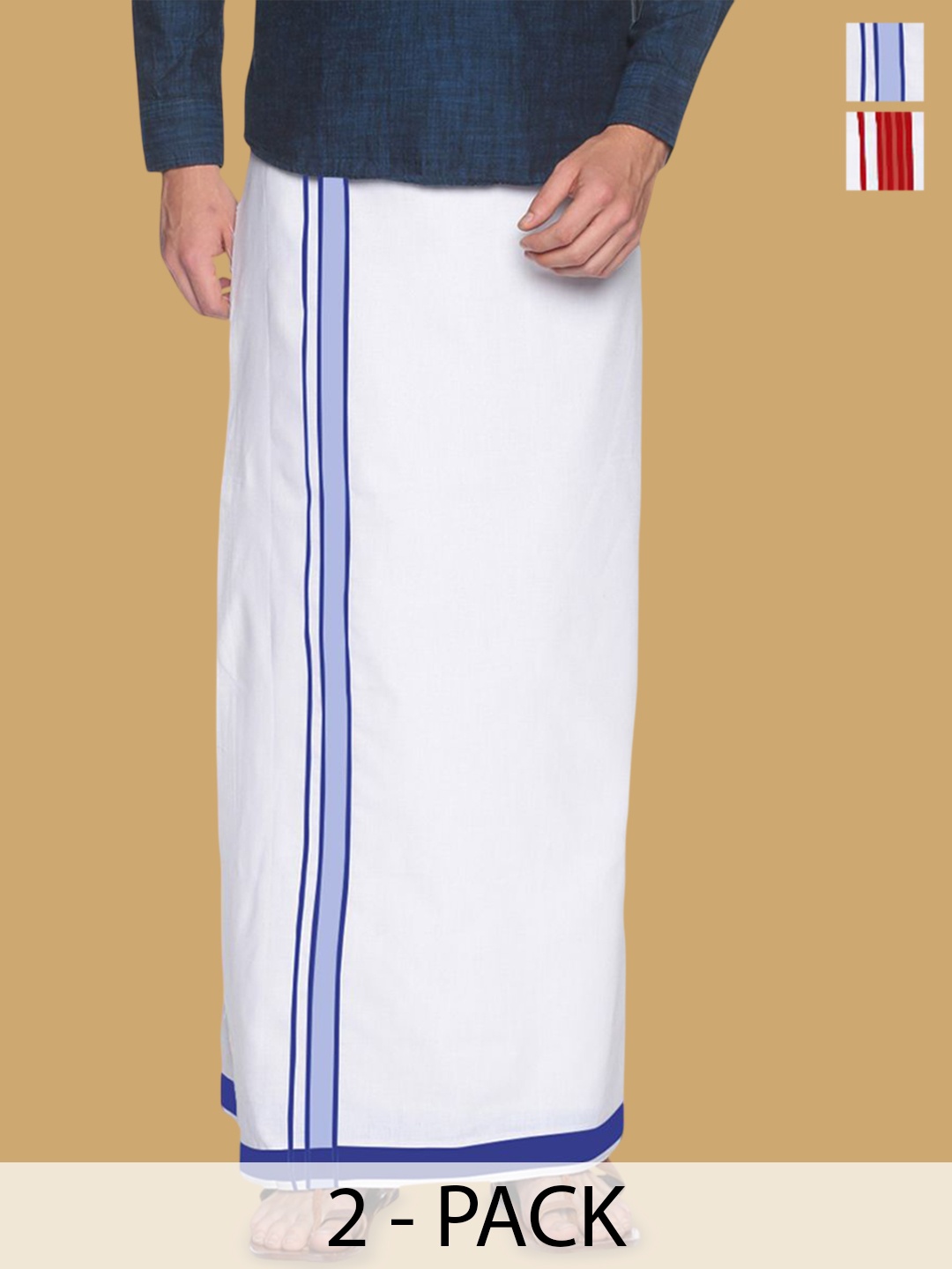 

WHITE HEART Men Pack of 2 Pure Cotton Single Layer Dhoti with Coloured Border