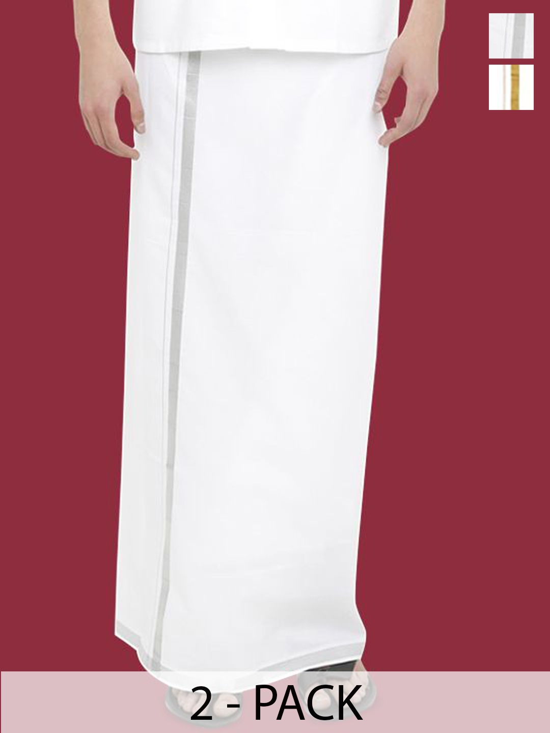 

WHITE HEART Men Pack Of 2 Cotton Zari Border Single Layer Dhoti